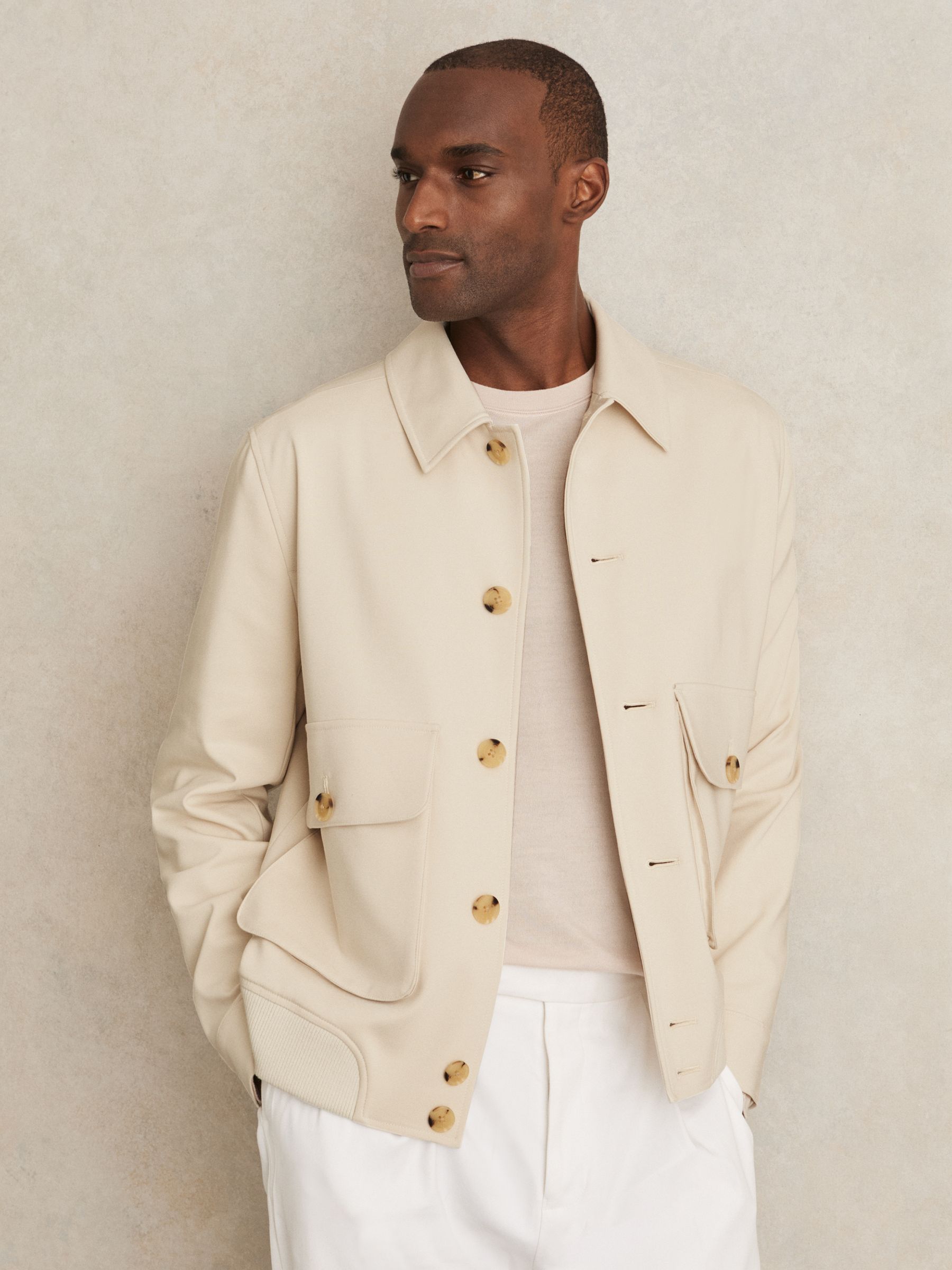 Cotton-Blend Button-Through Jacket in Light Stone