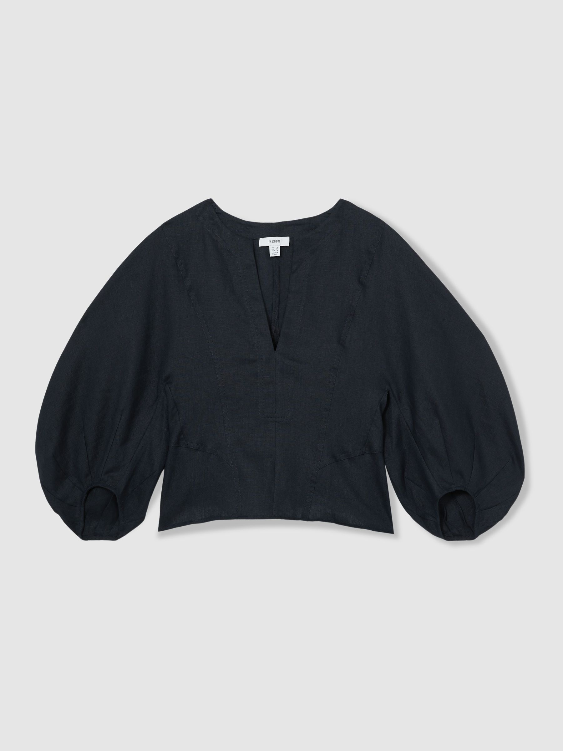 Linen Balloon-Sleeve Top in Navy