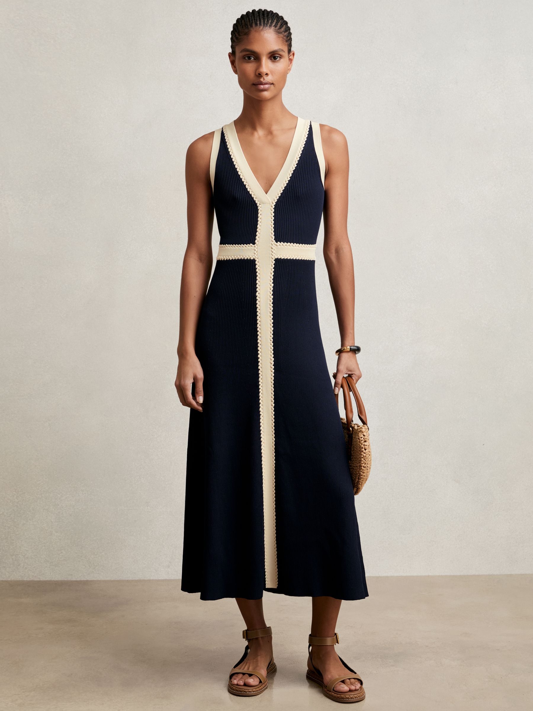 Craft-Stitch Knitted Midi Dress in Navy