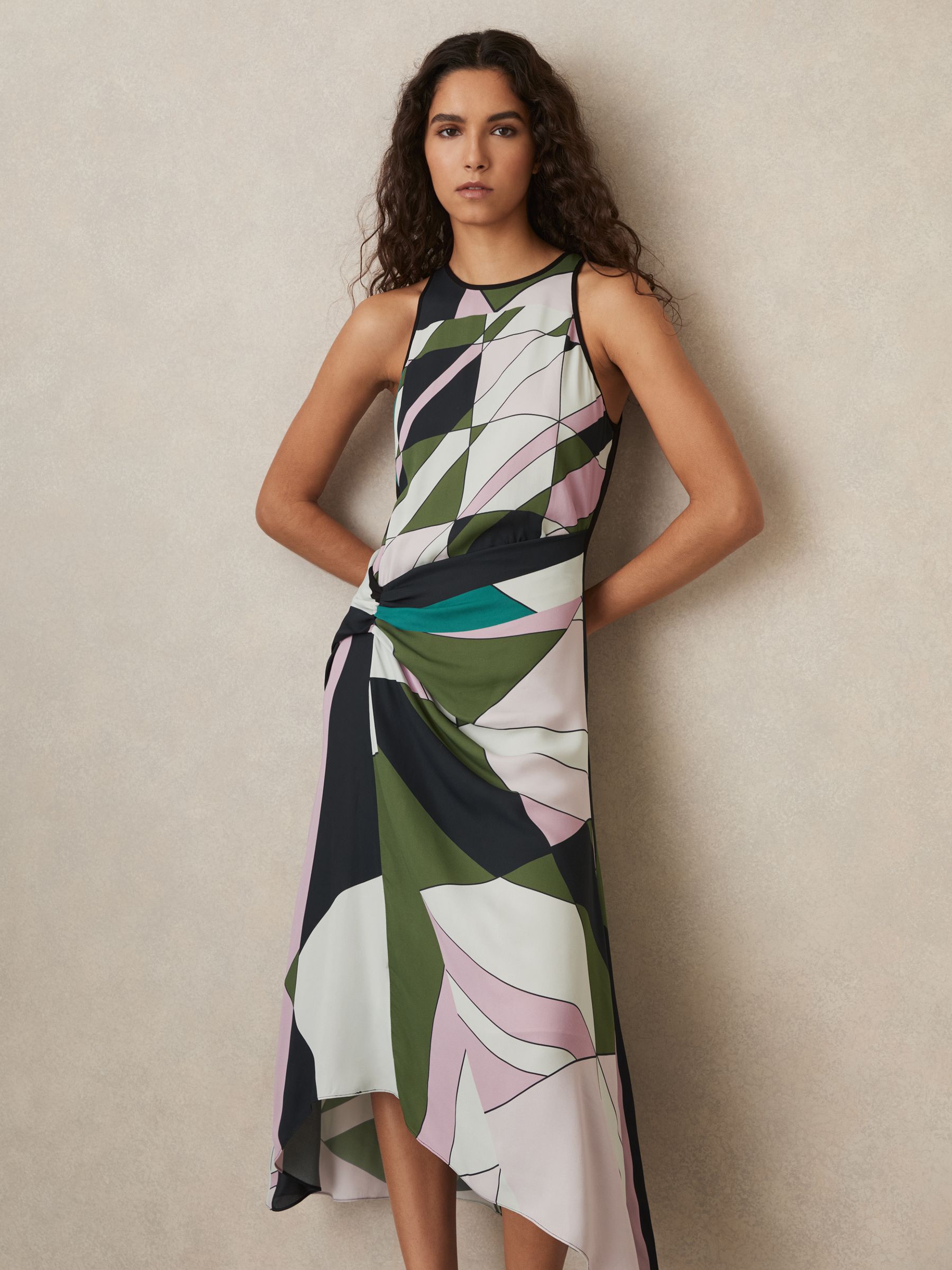 Geometric-Print Gathered Midi Dress in Green