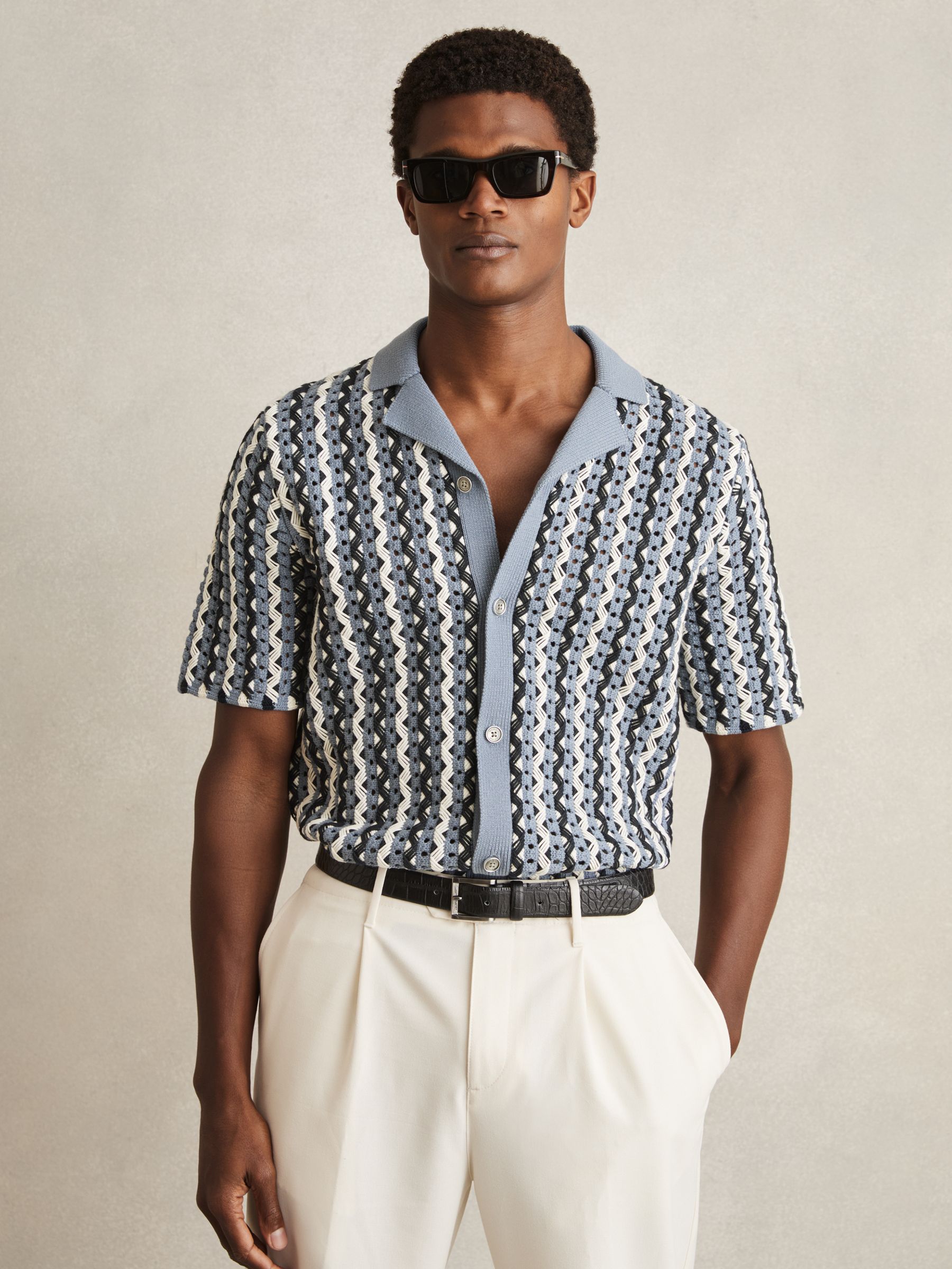 Textured-Knit Cuban-Collar Shirt in Airforce Blue