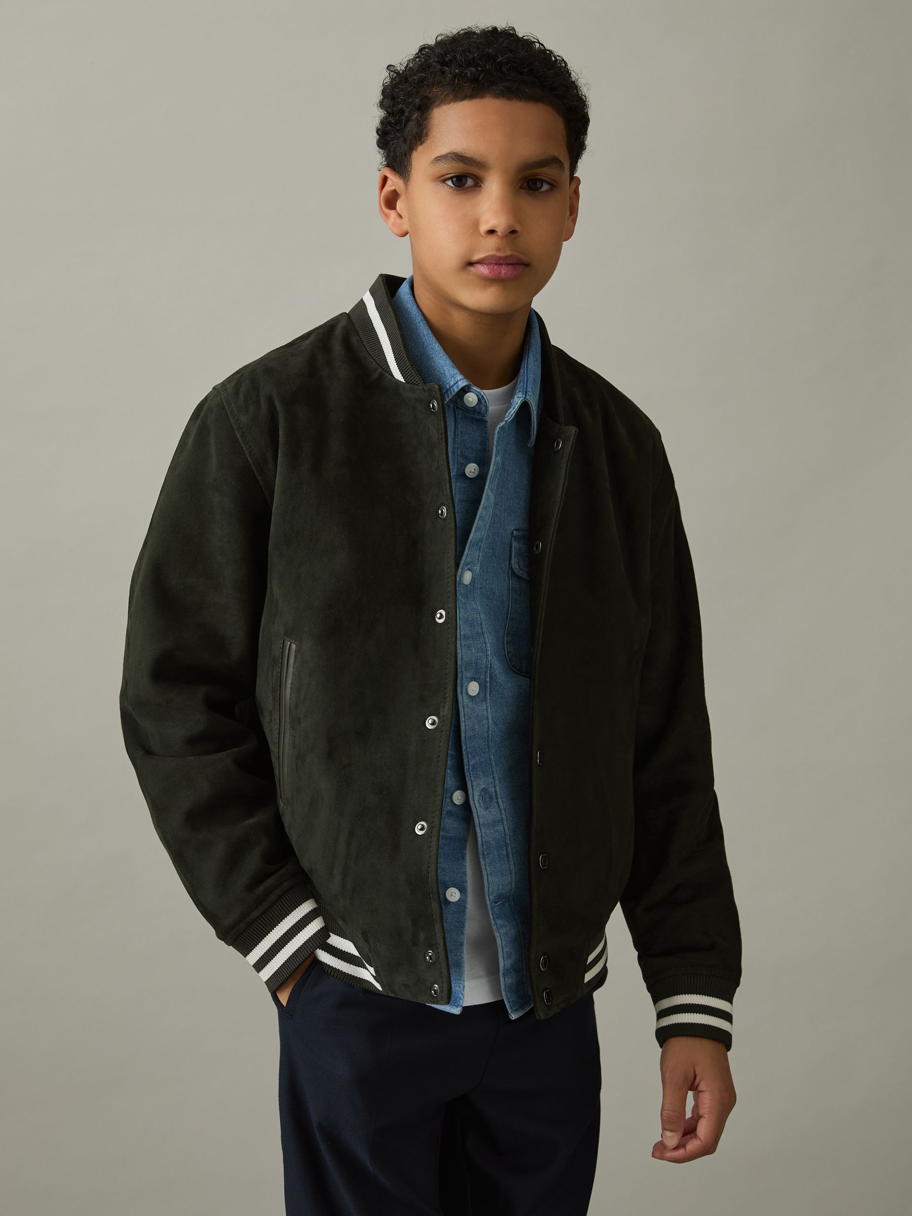 9-13 yrs Suede Varsity Bomber Jacket in Dark Green