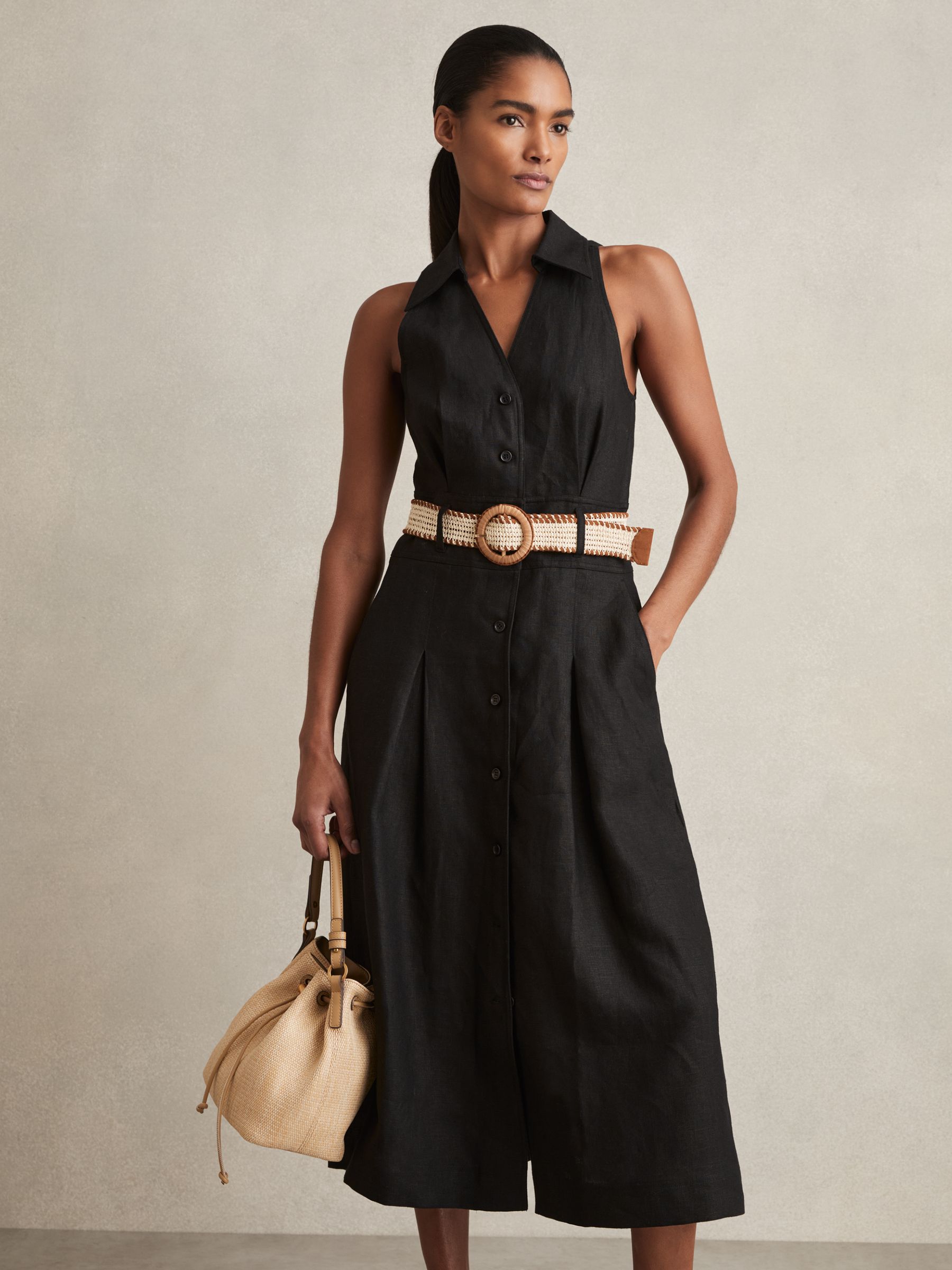 Linen Belted Sleeveless Midi Dress in Black