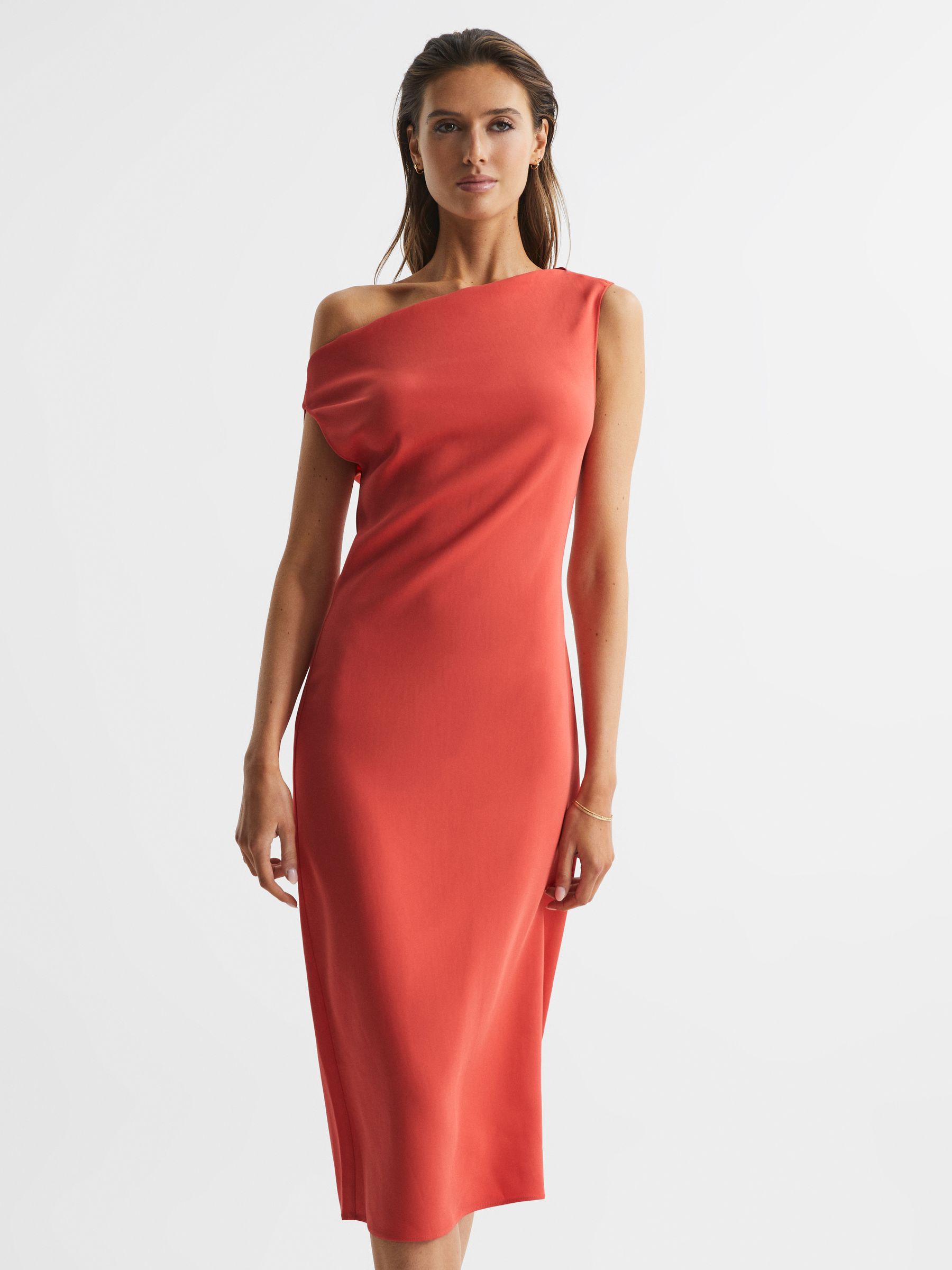Off-Shoulder Bodycon Midi Dress in Coral