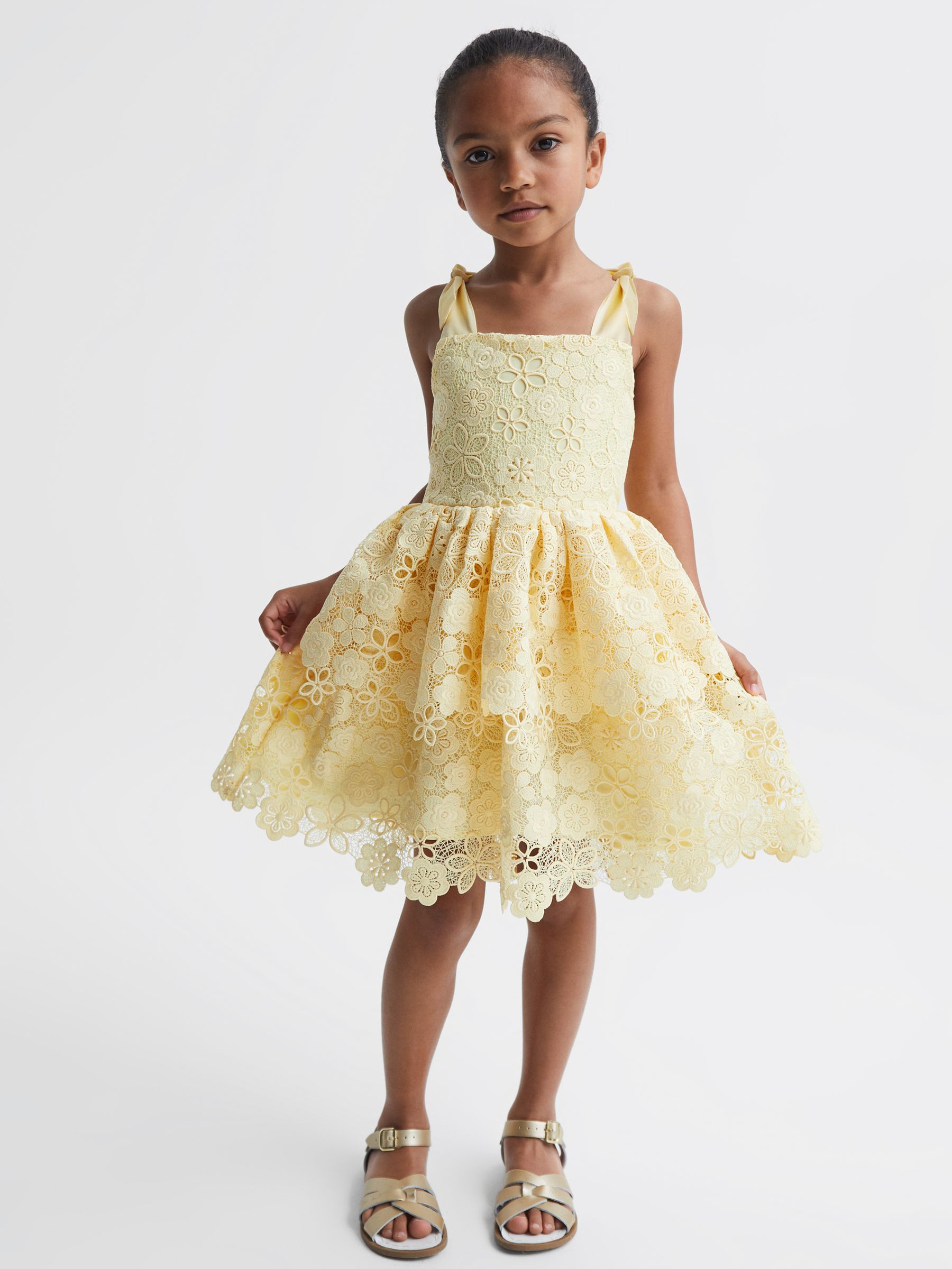 9-12 yrs Bow Strap Lace Dress in Lemon