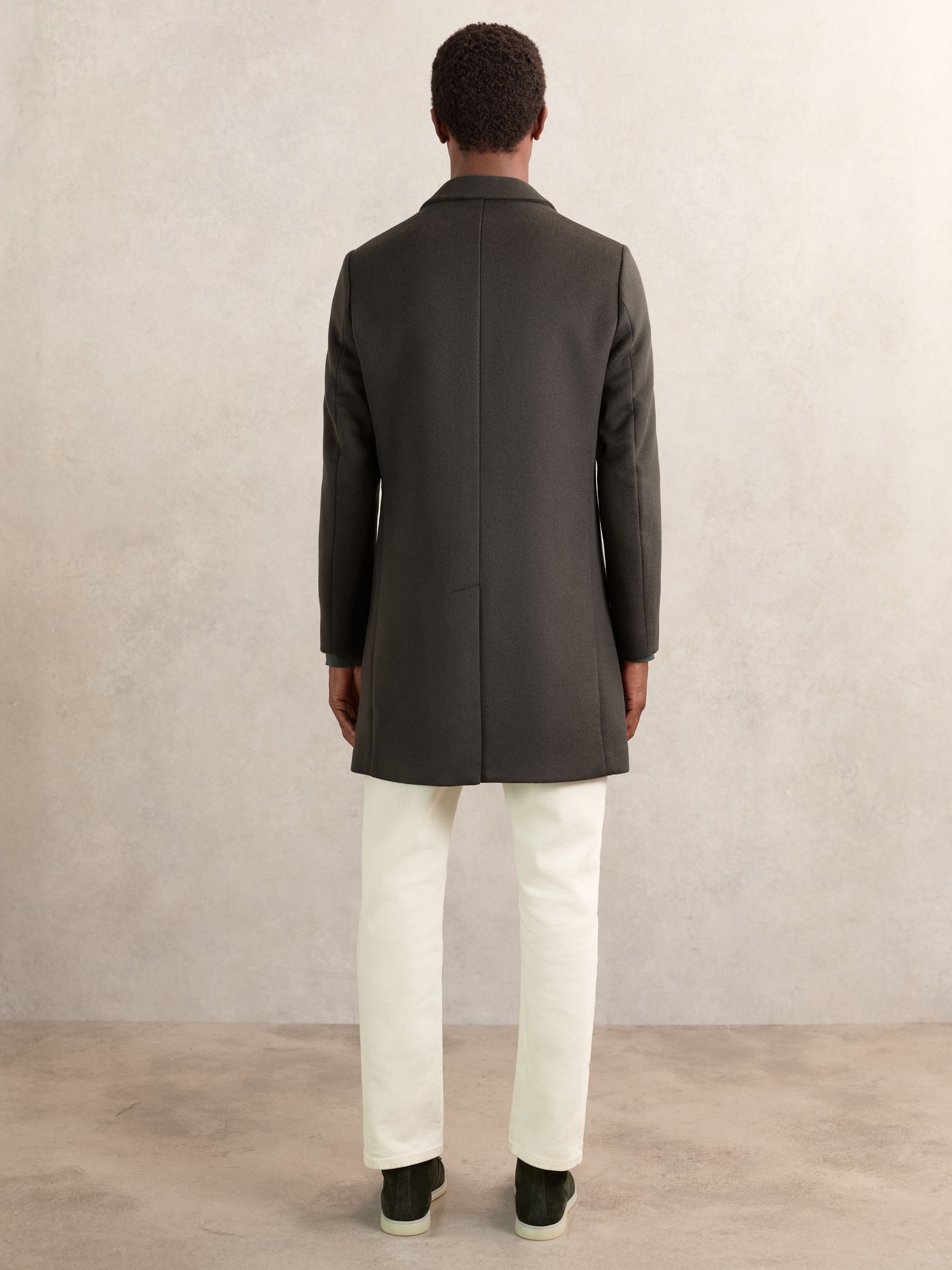 Woo Blend Single-Breasted Overcoat in Dark Khaki Green