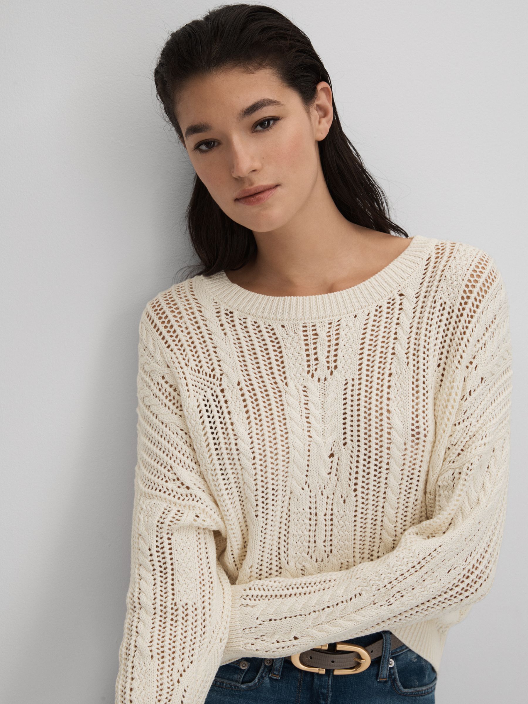 Cotton Blend Open Stitch Crew Neck Jumper in Ivory