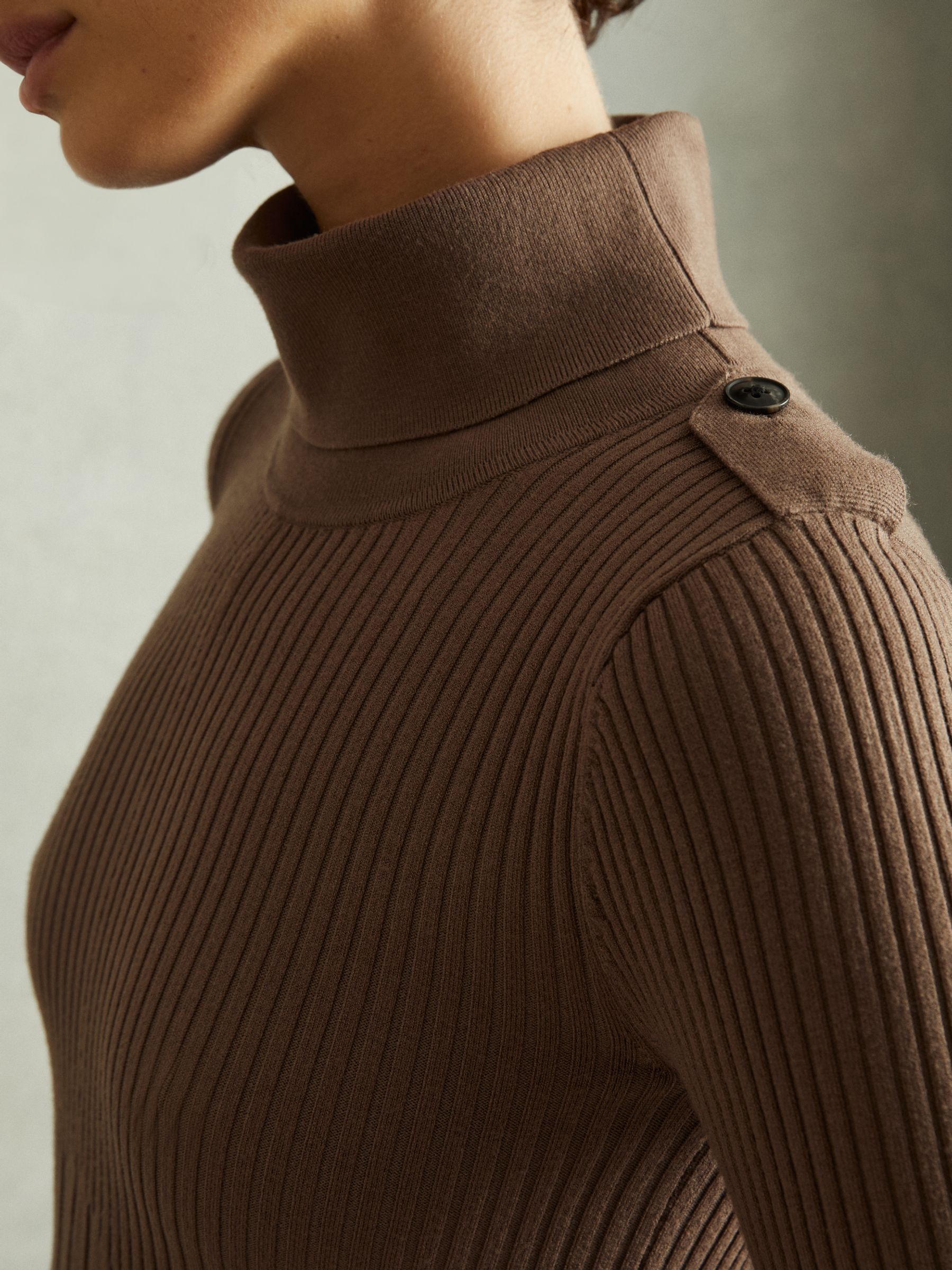 Ribbed Roll Neck Belted Midi Dress in Mocha