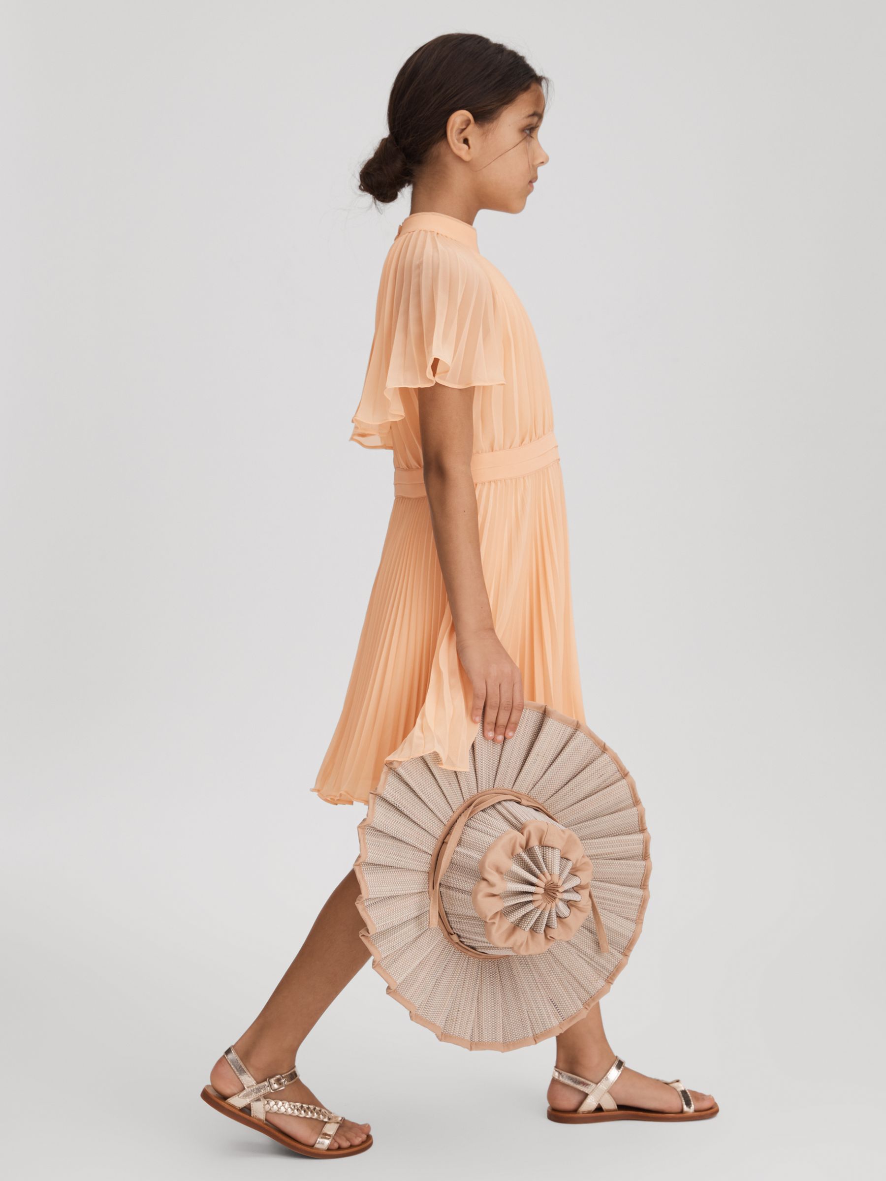 Teen Pleated Cape Sleeve Dress in Apricot