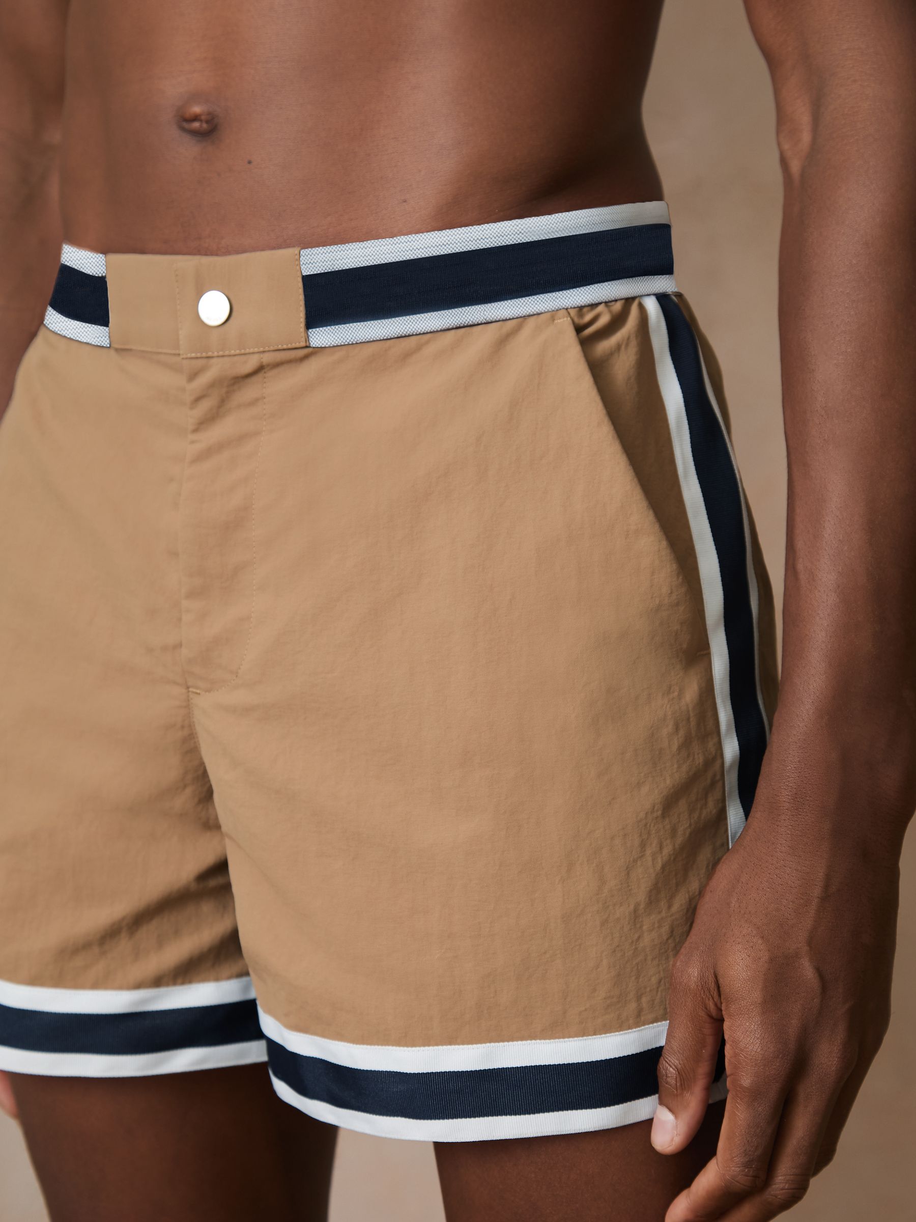 Reiss | Ché Stripe-Trim Swim Shorts in Camel