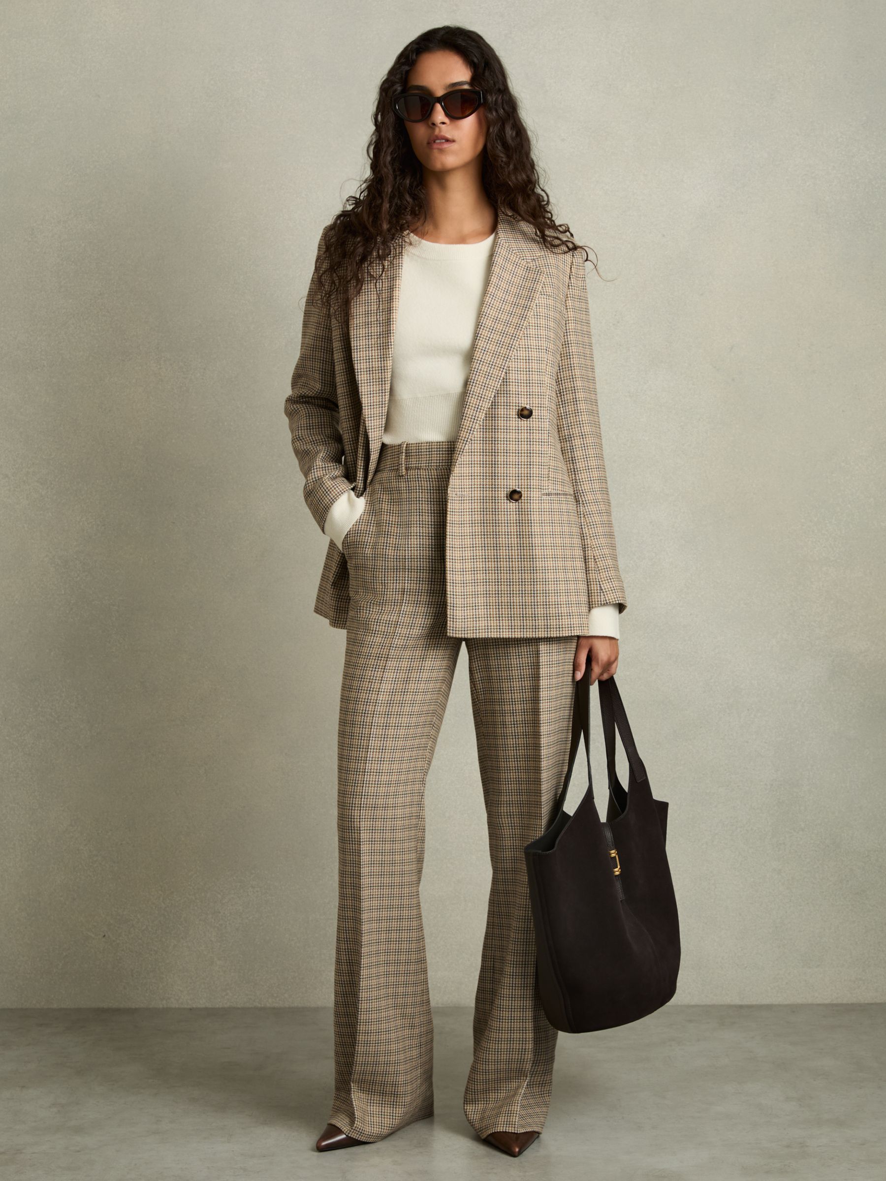 Wool Double-Breasted Houndstooth-Check Blazer in Brown Check
