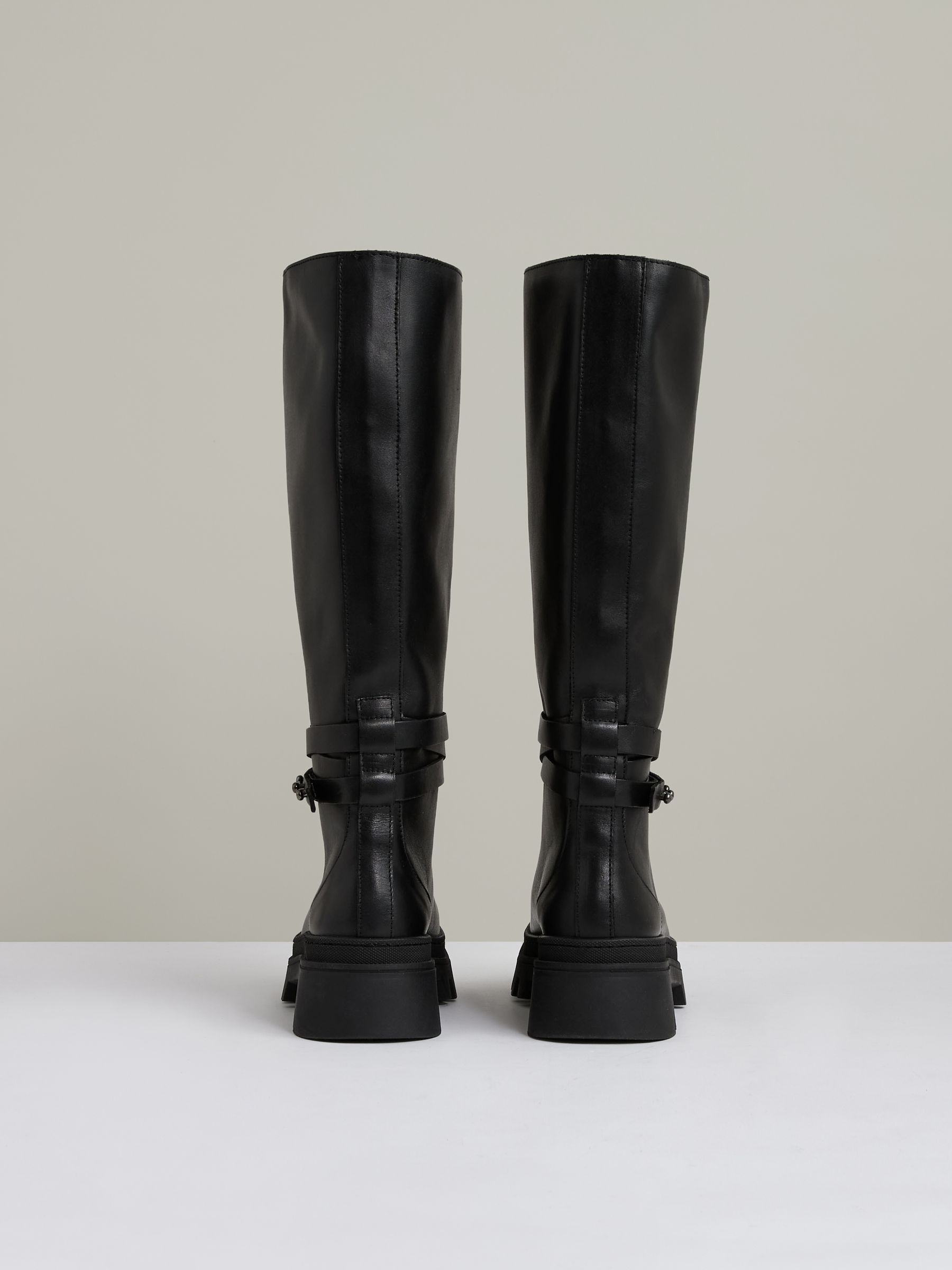 Leather Chunky Flat Knee-High Boots in Black