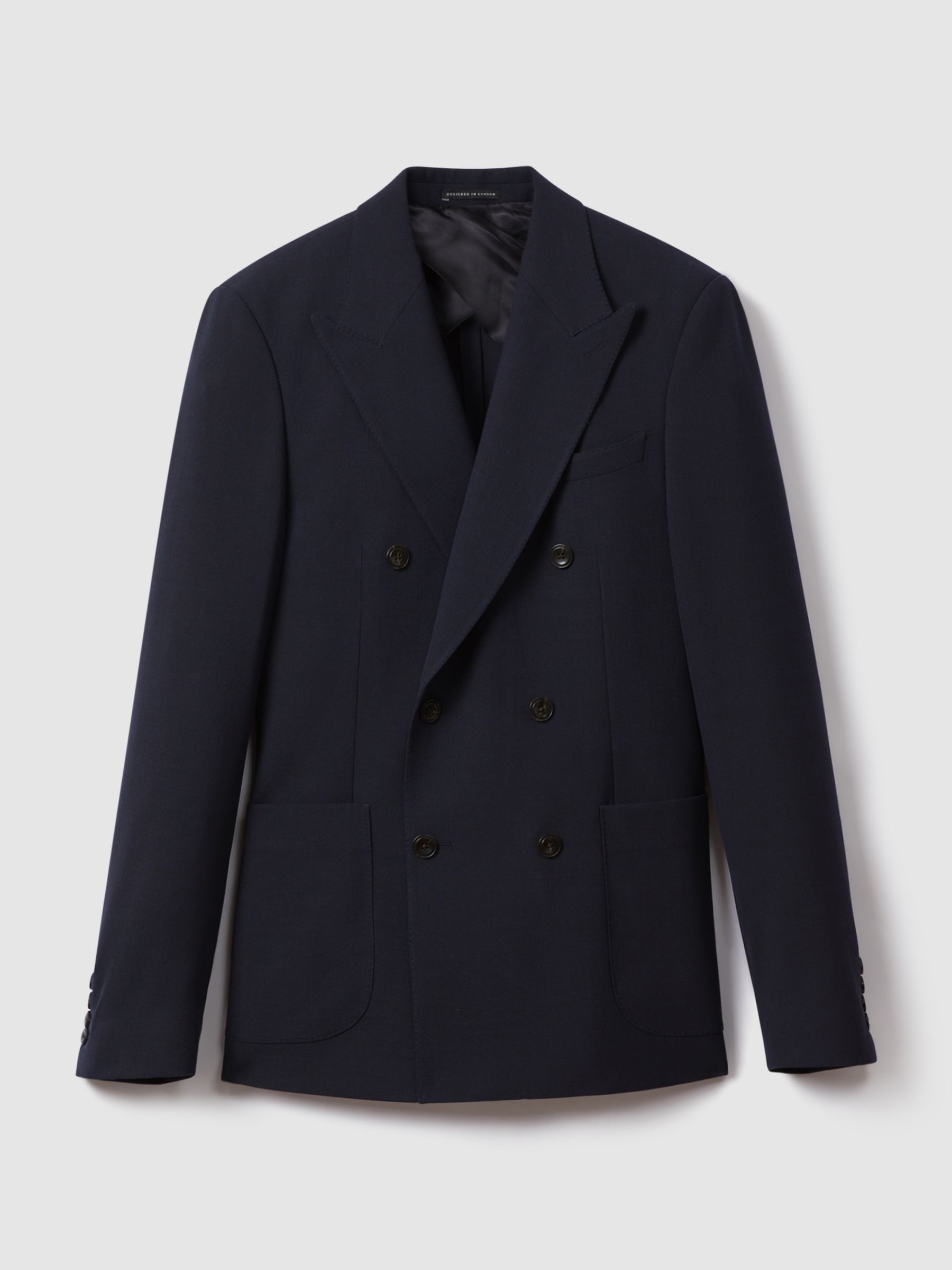 Double-Breasted Textured Suit Blazer Slim-Fit With Wool in Navy