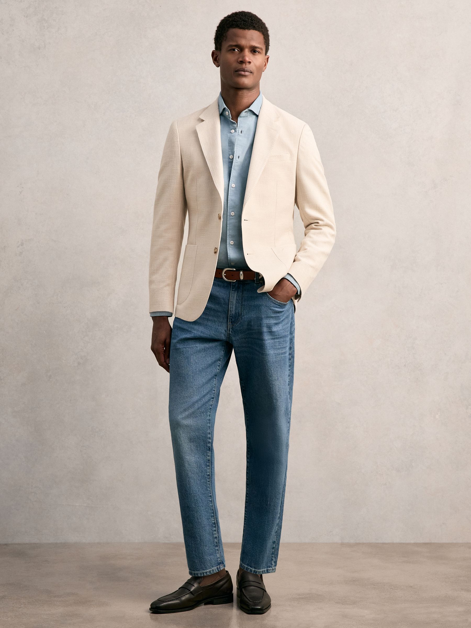 Slim Fit Single Breasted Textured Blazer with Cotton in Stone