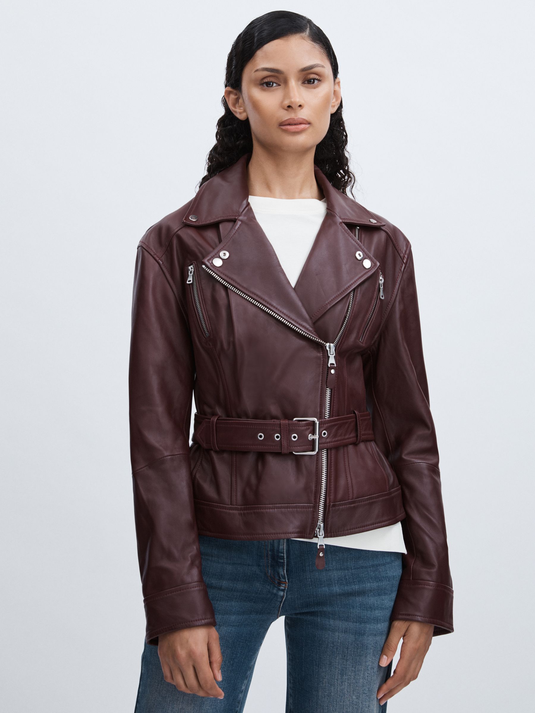 Paige Leather Belted Moto Jacket in Dark Oxblood