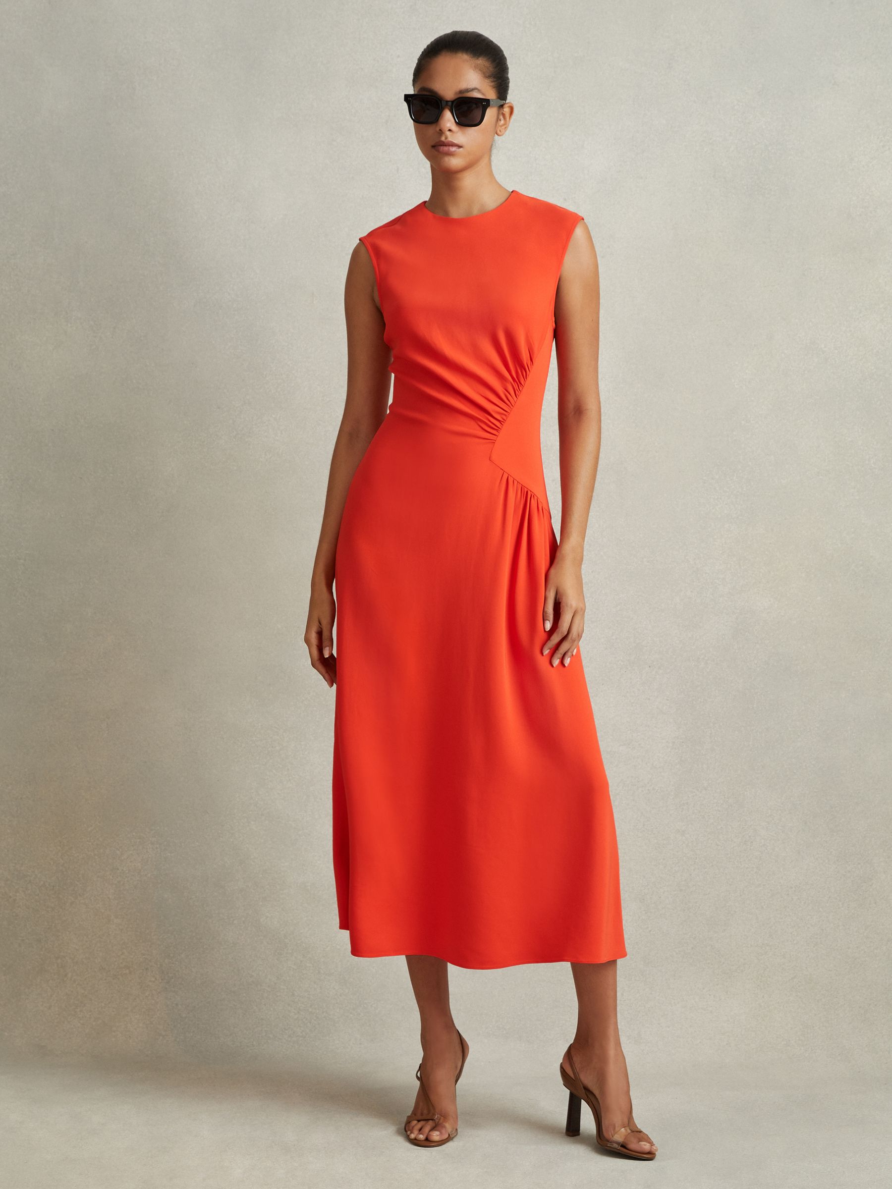 Ruched Midi Dress in Orange
