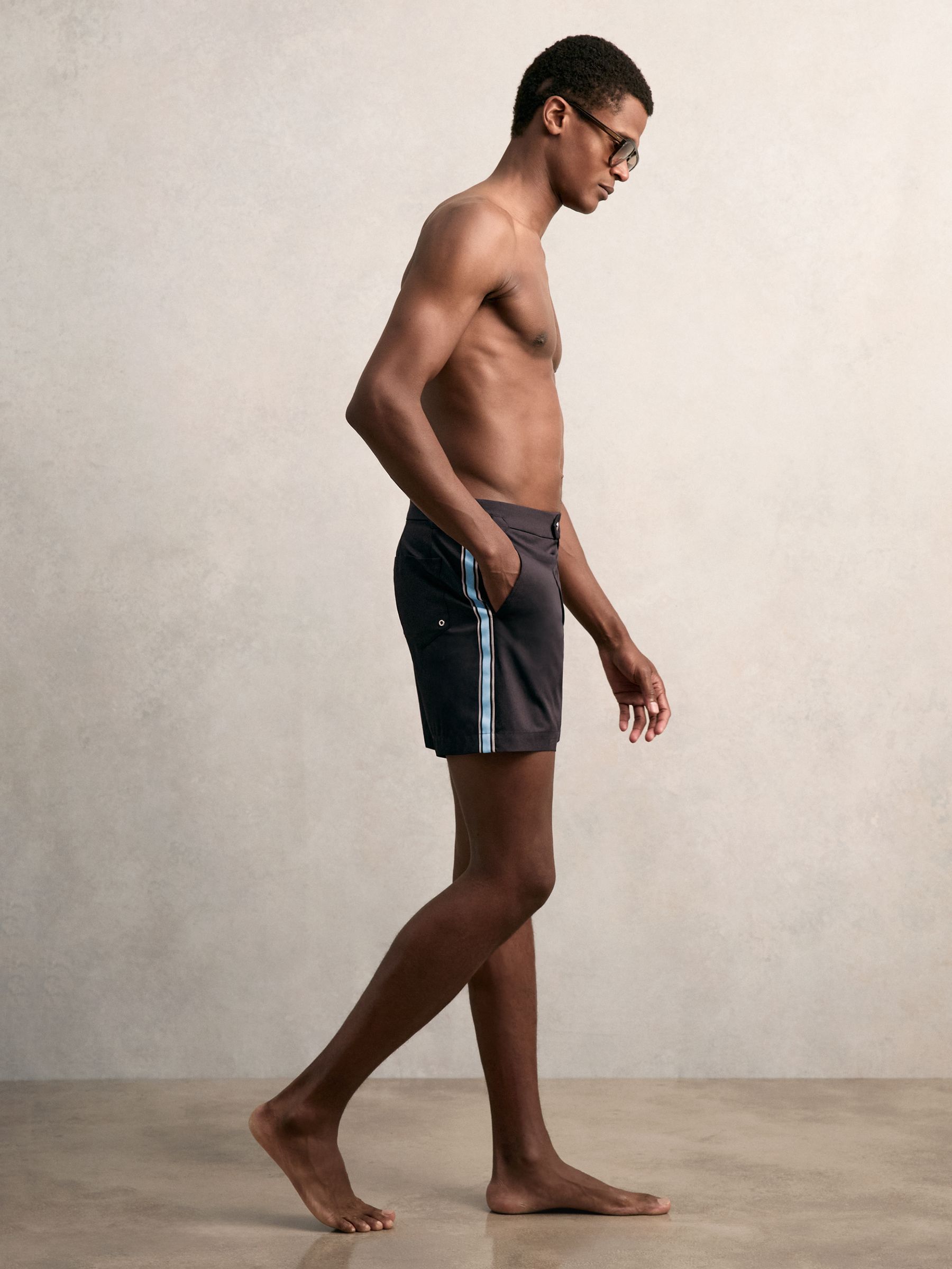 Stripe Side Adjuster Swim Shorts in Navy/Blue Stripe