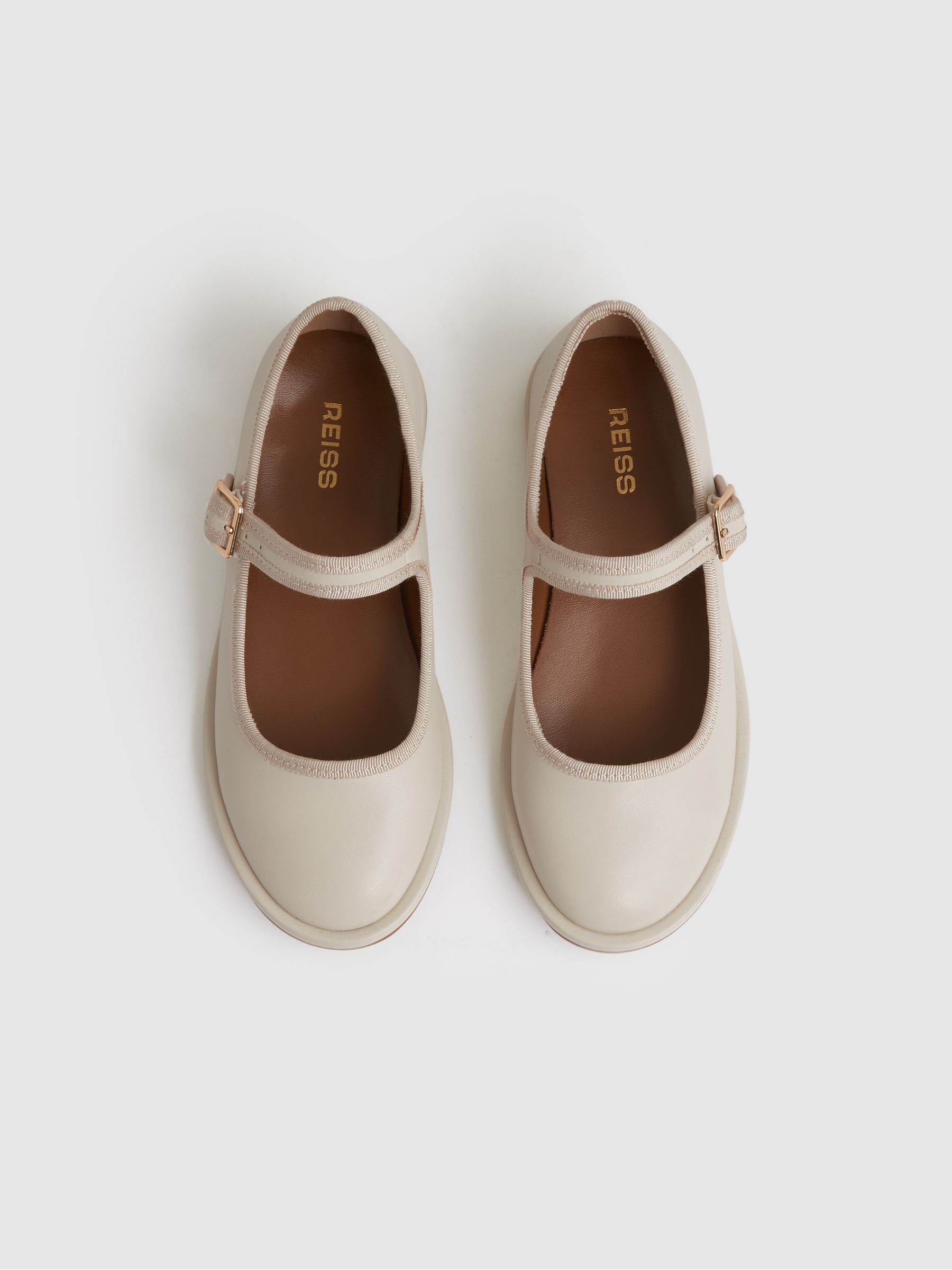 Leather Mary Jane Ballet Pumps in Cream