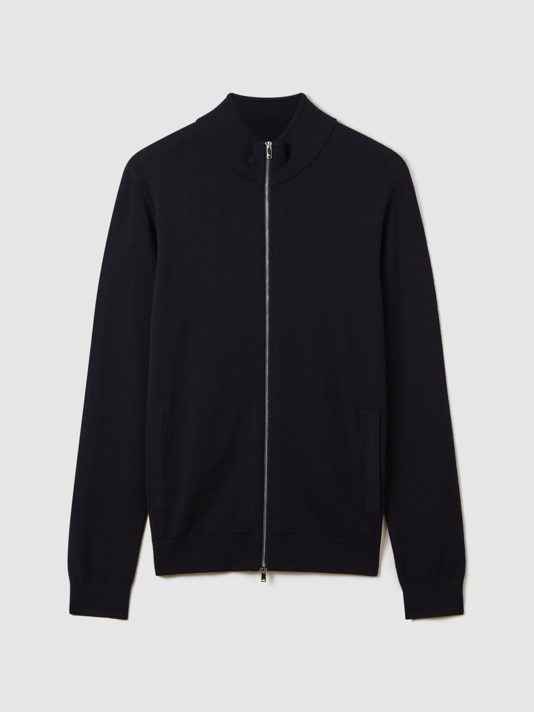 Merino Wool Zip-Through Cardigan in Navy
