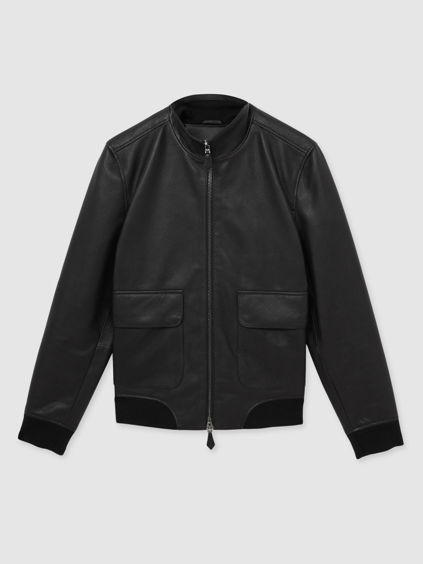 Pebbled-Leather Funnel-Neck Jacket in Black