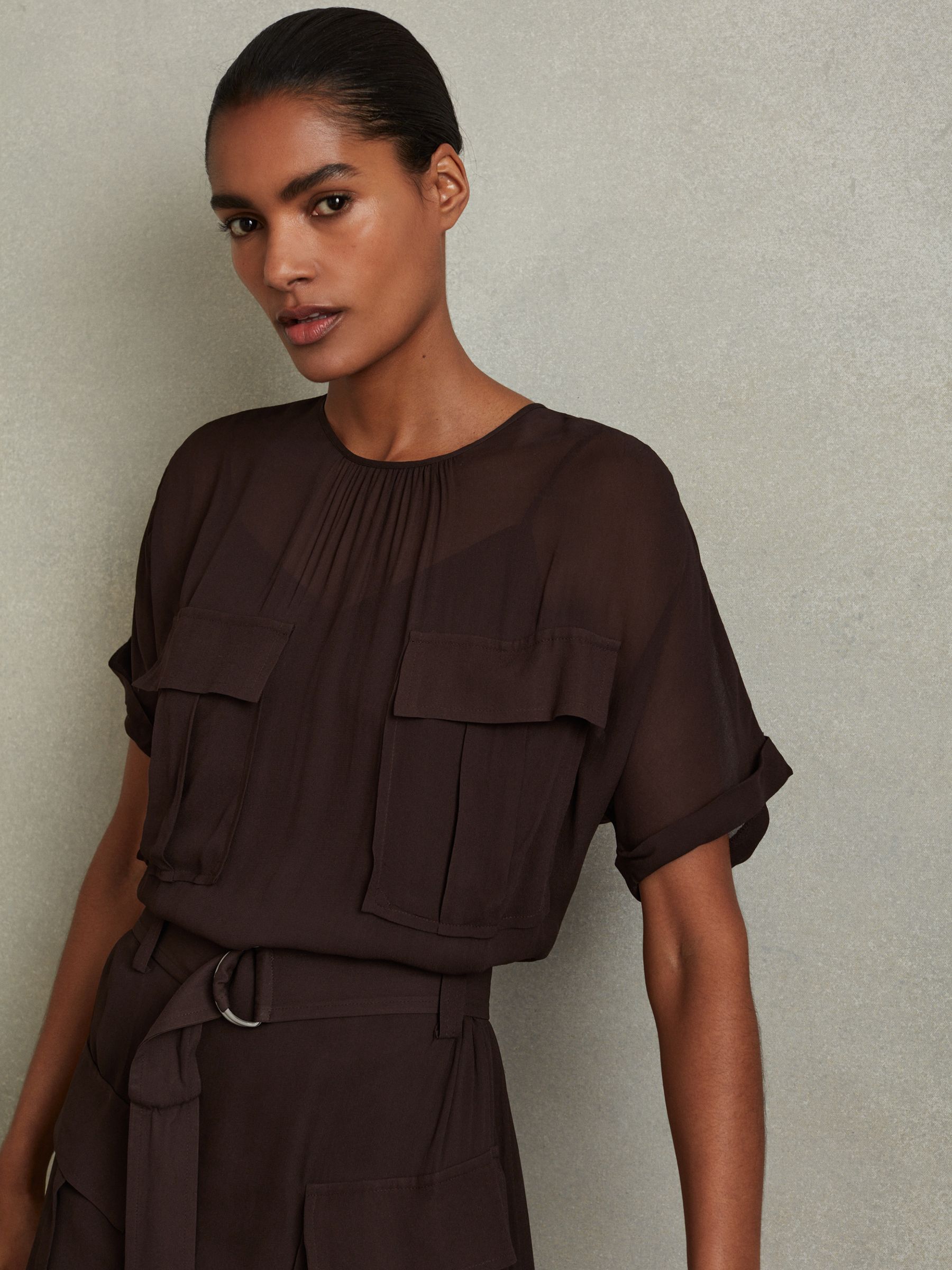 Essie Chocolate Mesh Utility Belted Midi Dress