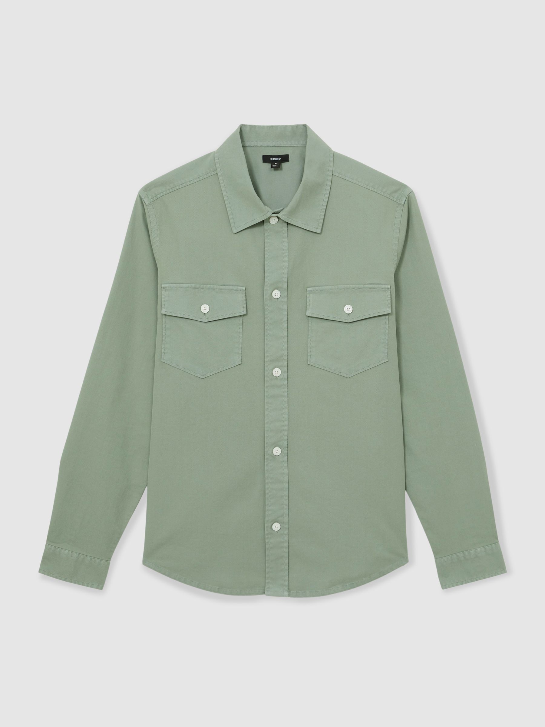 Cotton Twill Twin Pocket Overshirt With Stretch in Sage Green