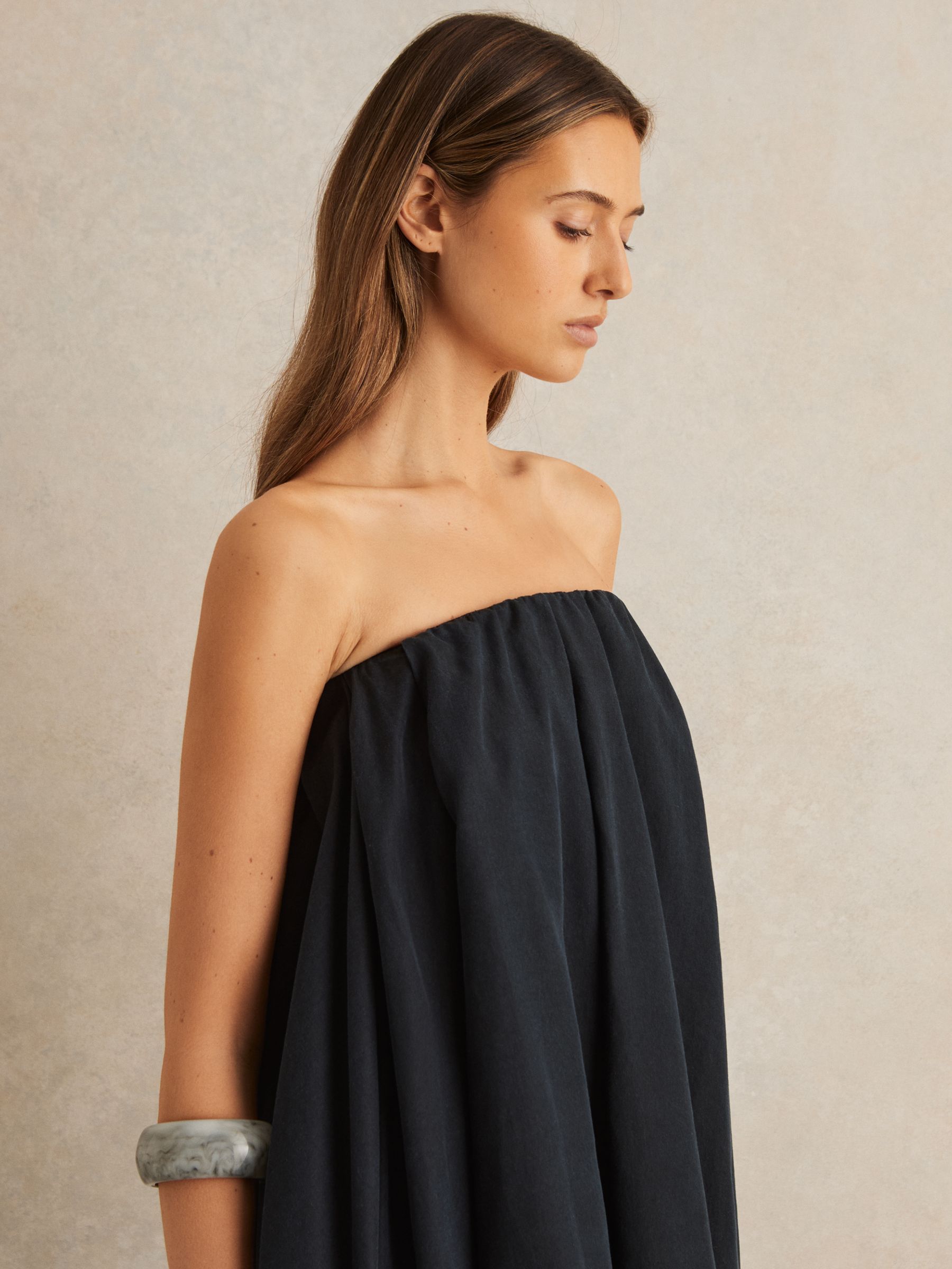 Tencel Strapless Dip-Hem Mini Dress in Indigo