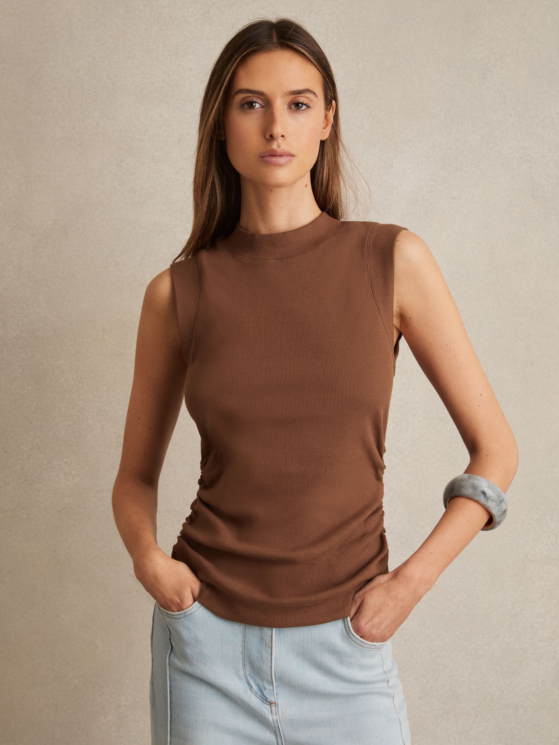 Ribbed Ruched Waist Vest in Toffee Brown