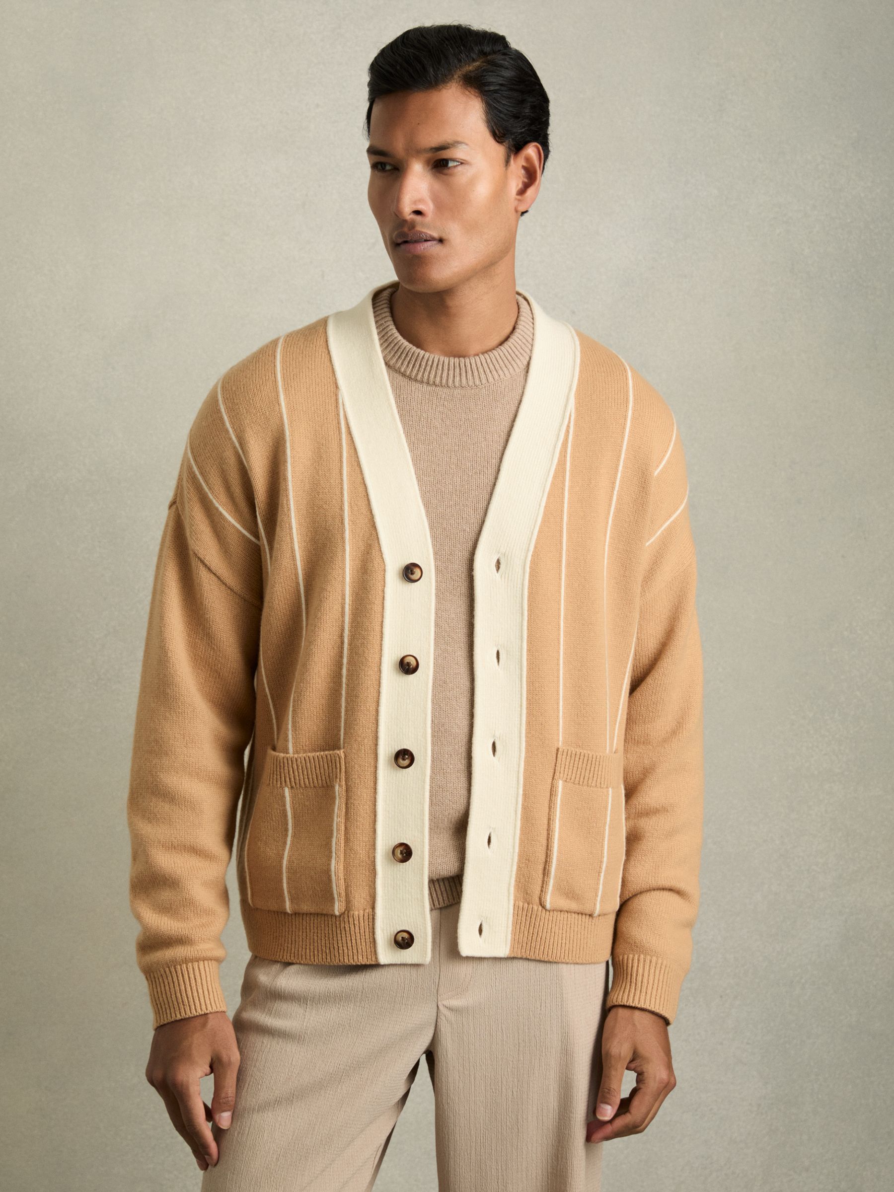 Wool-Blend Pinstripe Cardigan in Camel/White