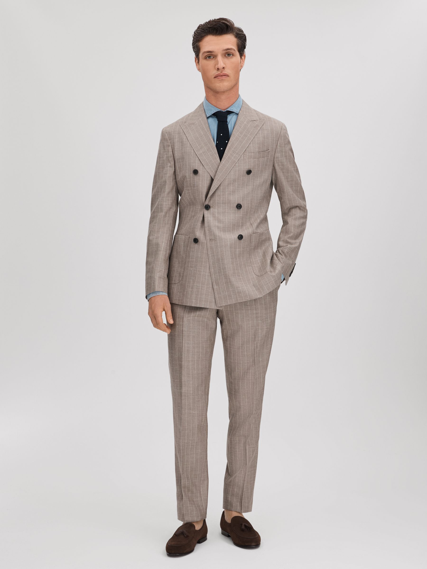 Slim Fit Wool-Silk-Linen Double Breasted Blazer in Mocha