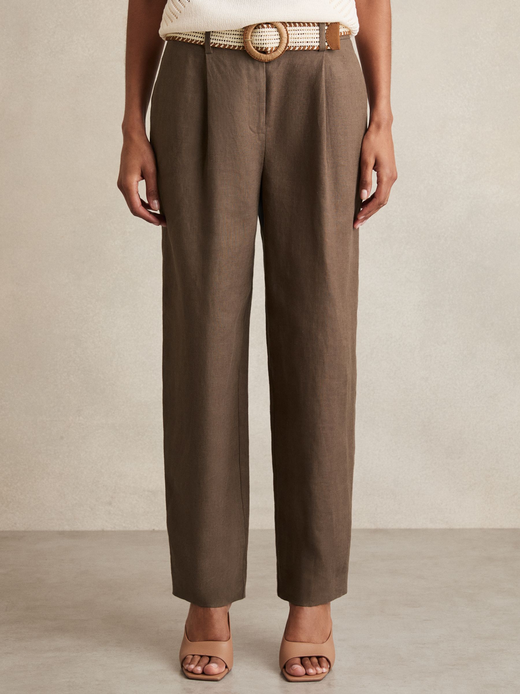 Linen Belted Tapered Trousers in Mink Neutral