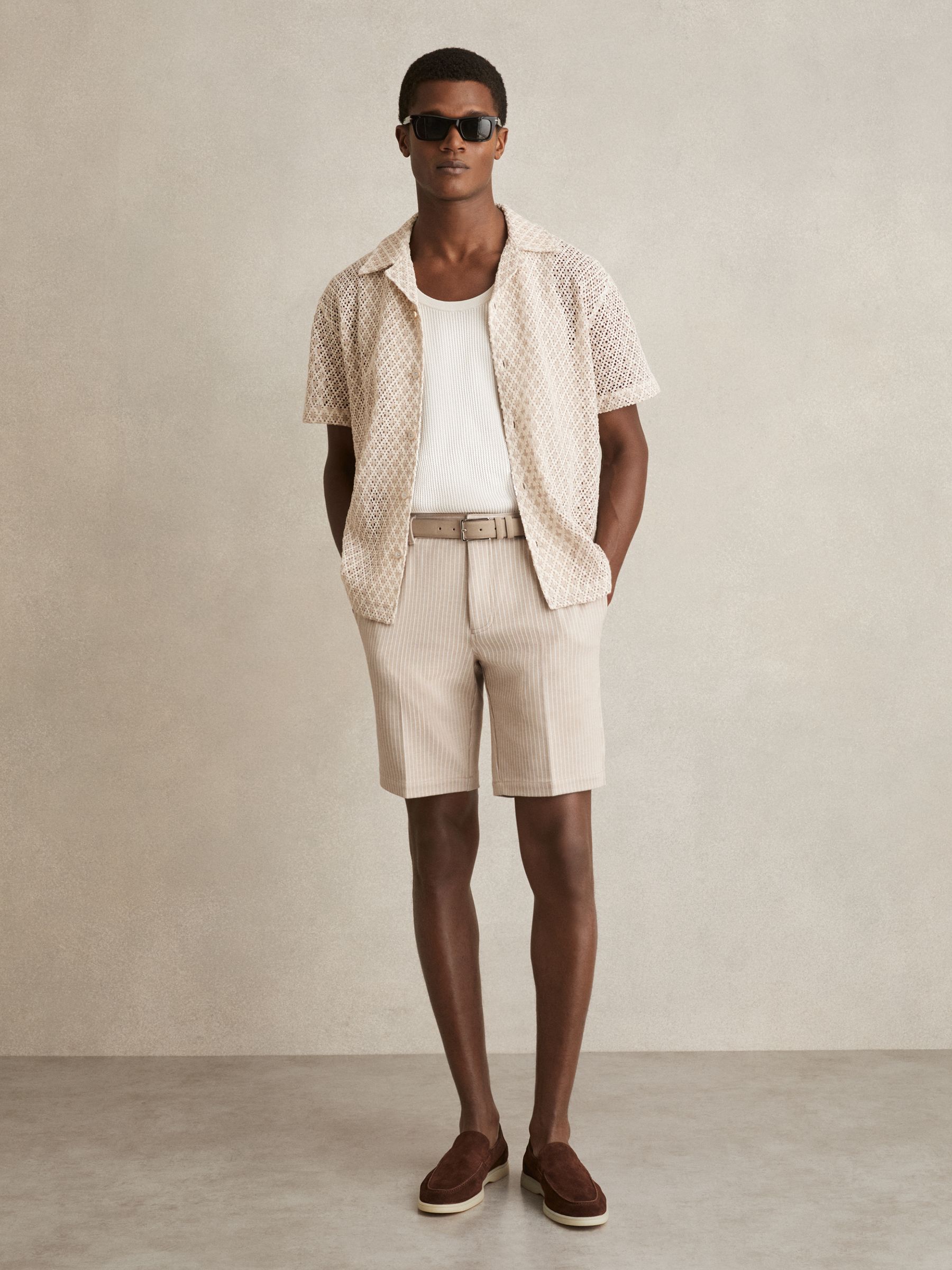 Jersey Pinstripe Shorts in Oatmeal/White