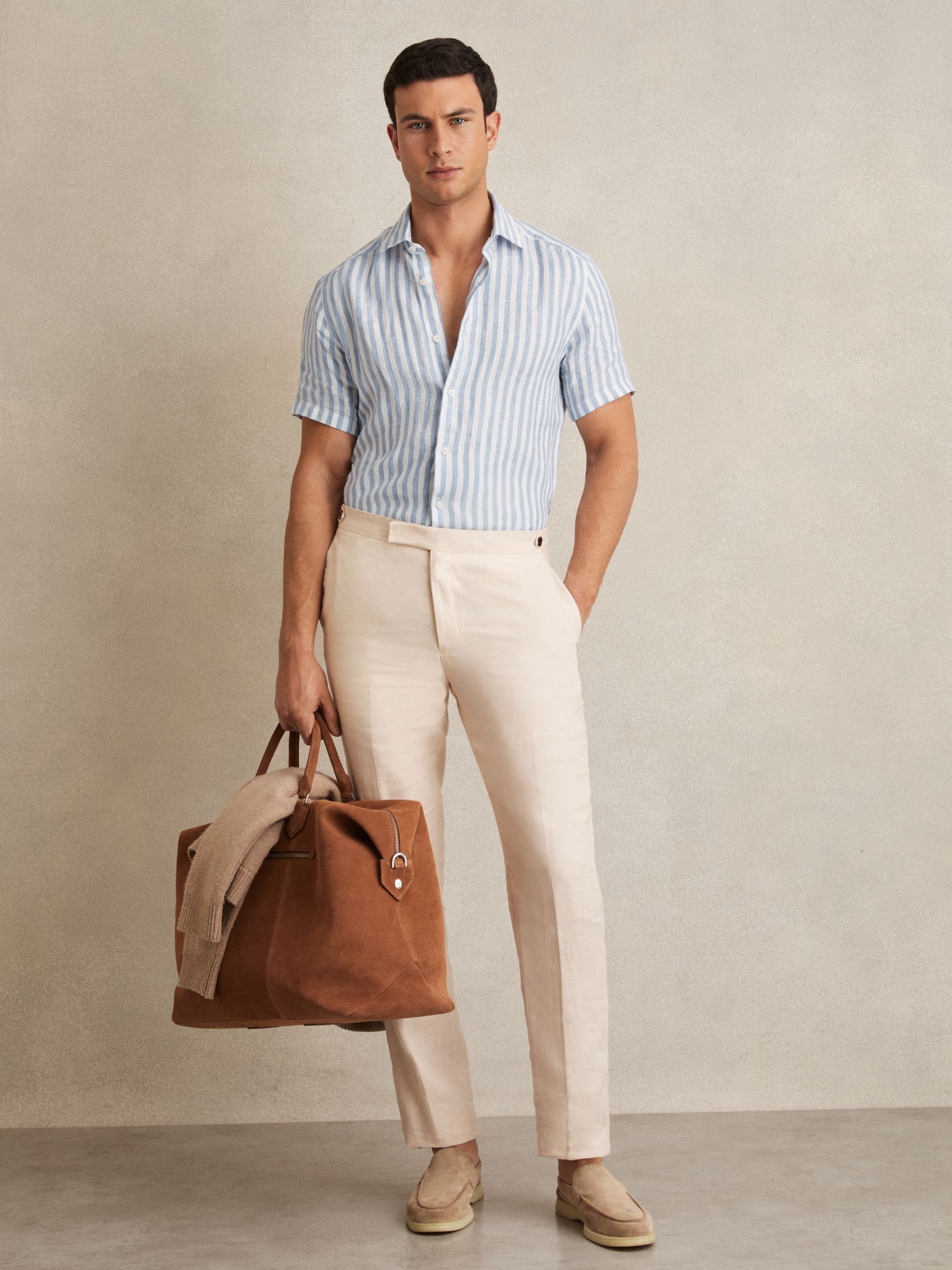 Slim Fit Linen Button-Through Shirt in Soft Blue Herringbone Stripe