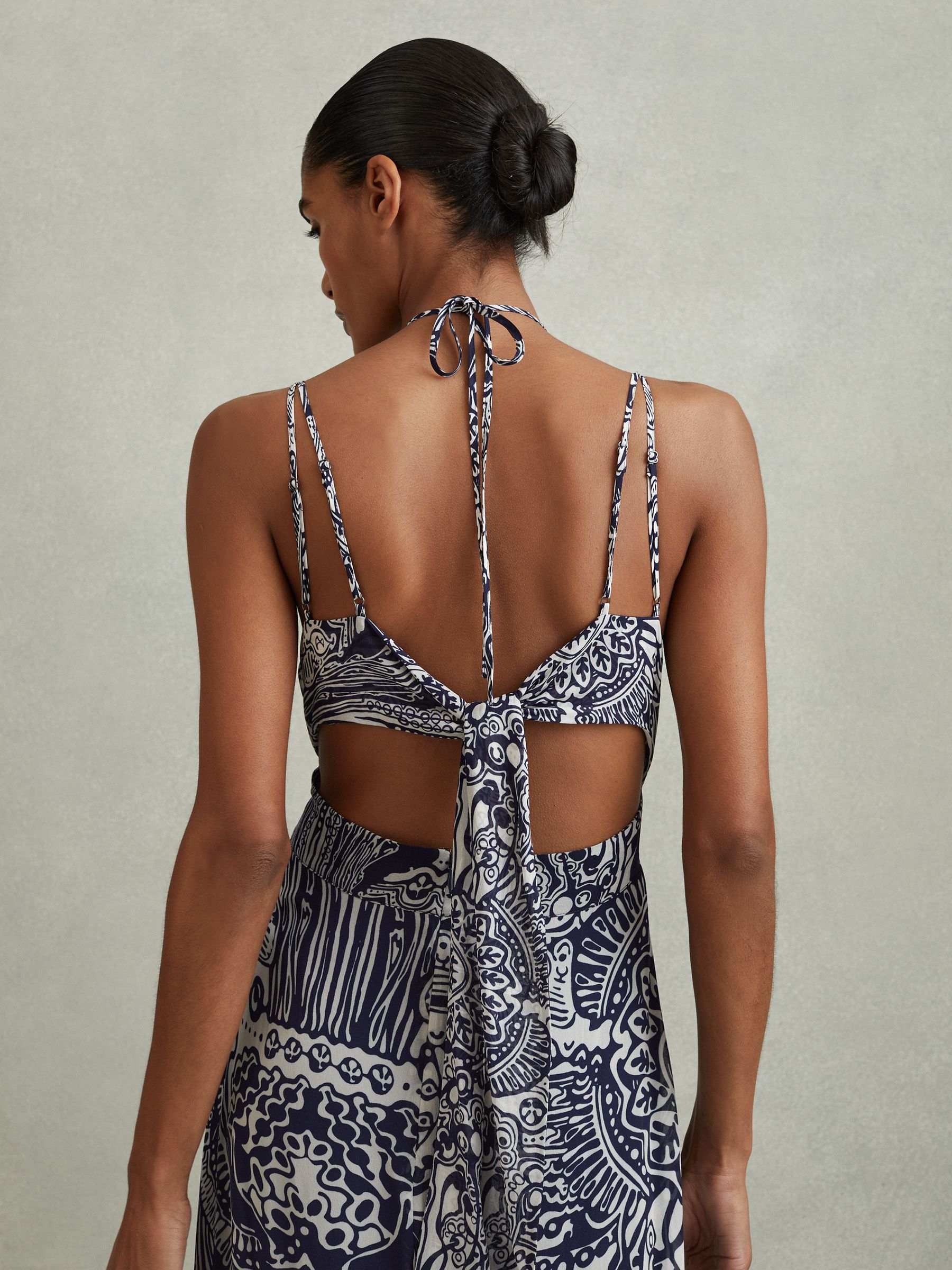 Printed Strappy Resort Midi Dress in Navy