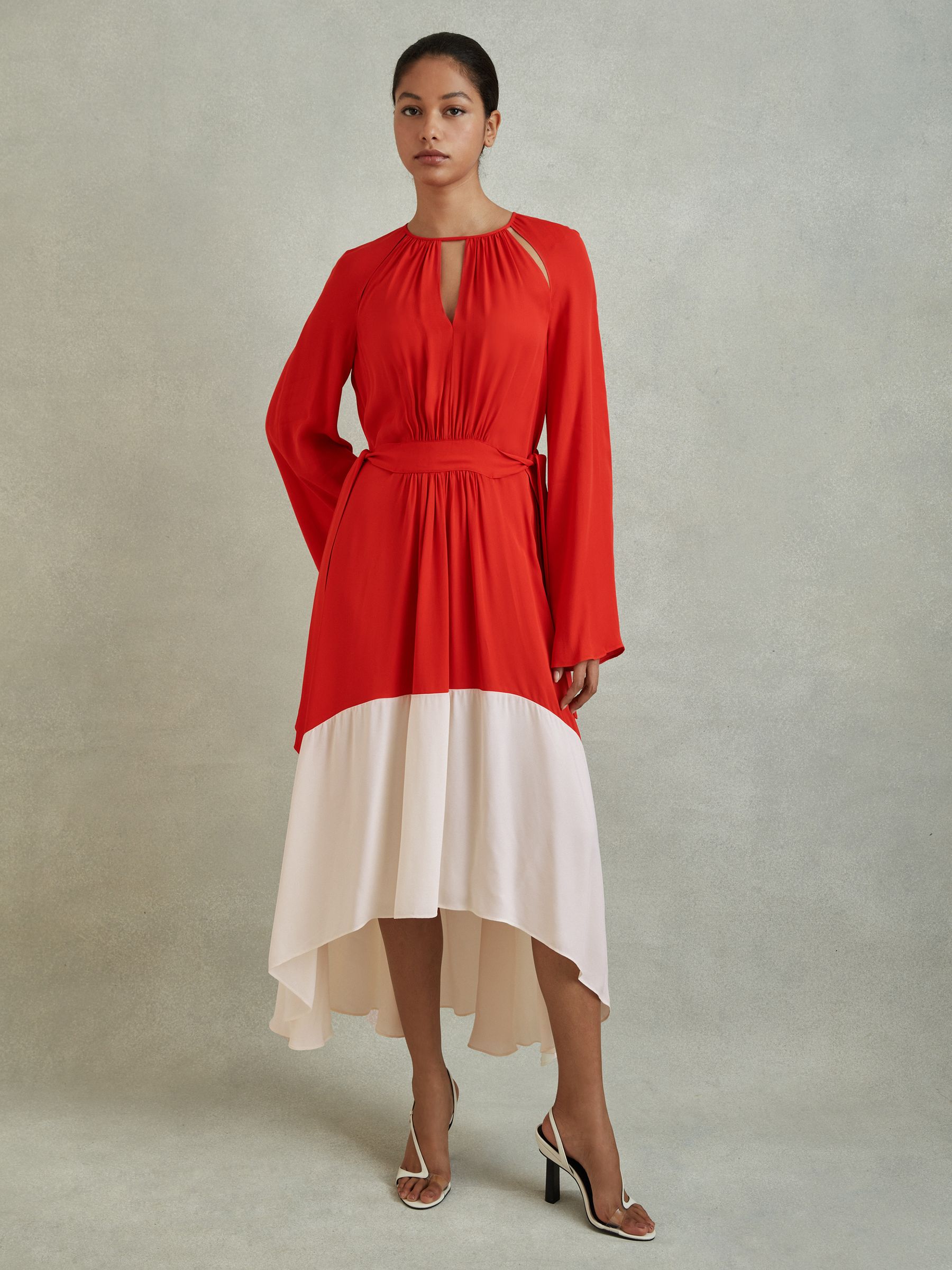 Colourblock Fit-and-Flare Midi Dress in Red/Cream