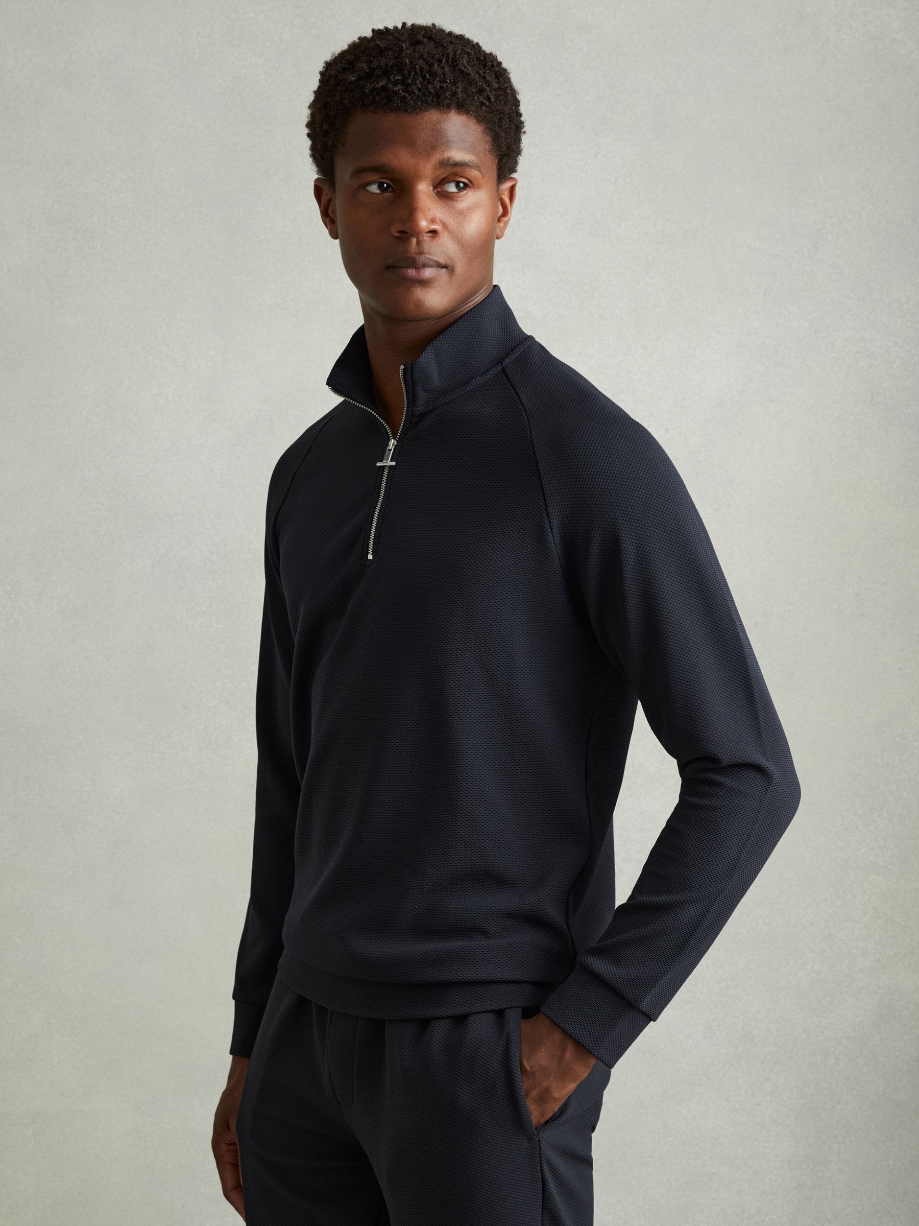 Textured Half-Zip Funnel-Neck Sweatshirt in Navy