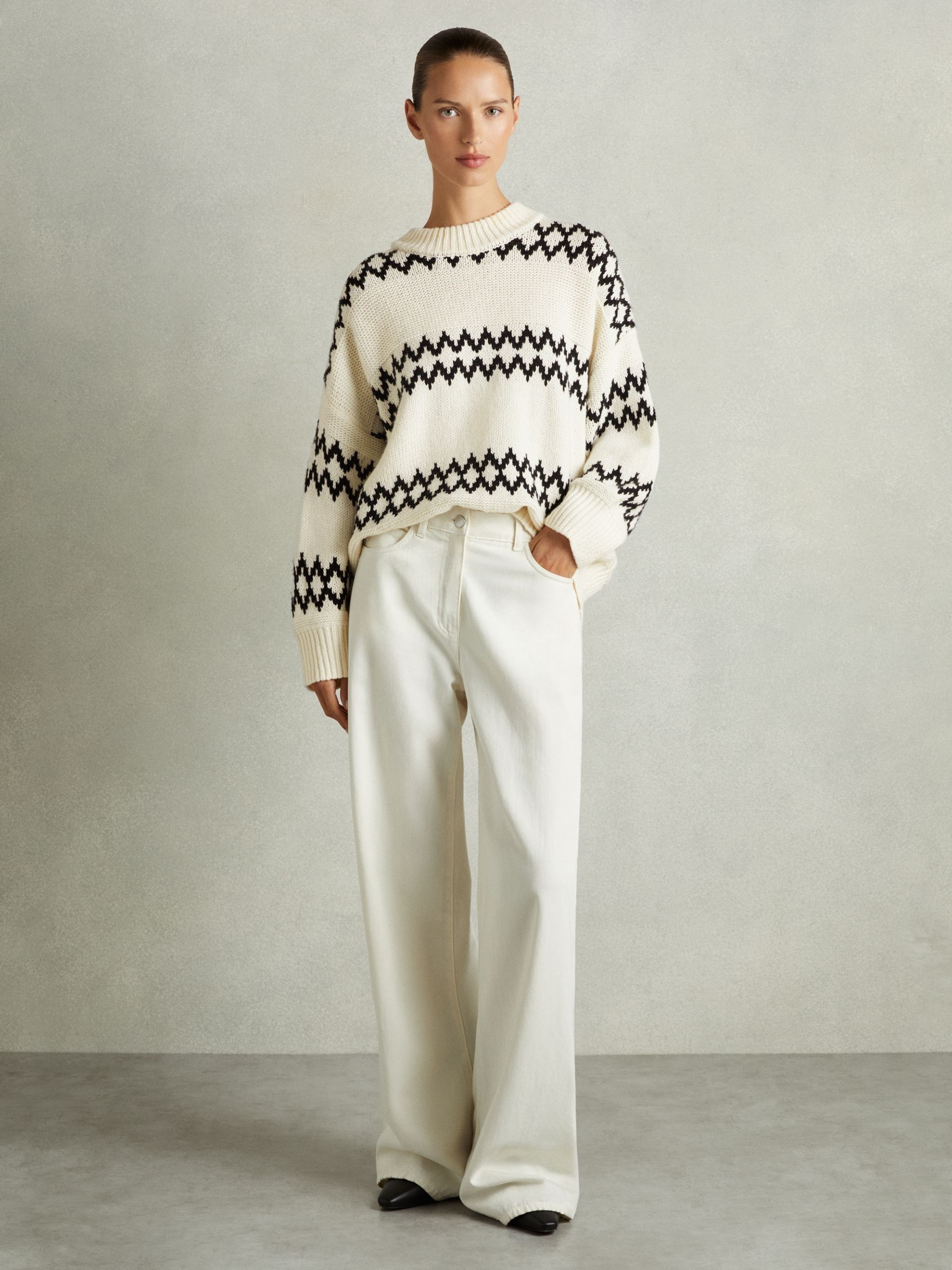 Wool-Blend Fairisle Pattern Jumper in Cream/Black