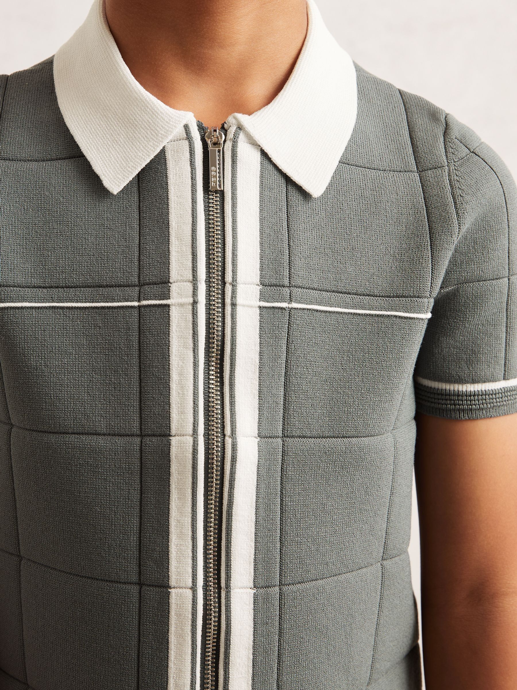 13-14 yrs Tipped Knit Zip-Through Shirt in Dark Sage Green