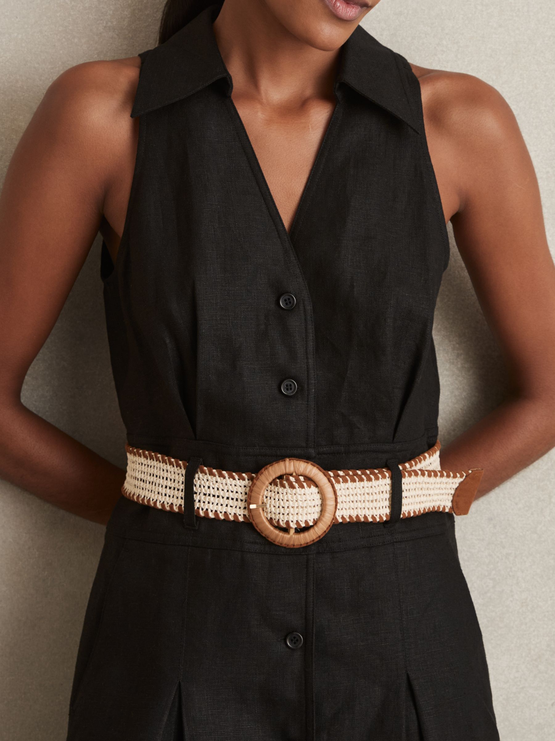 Linen Belted Sleeveless Midi Dress in Black