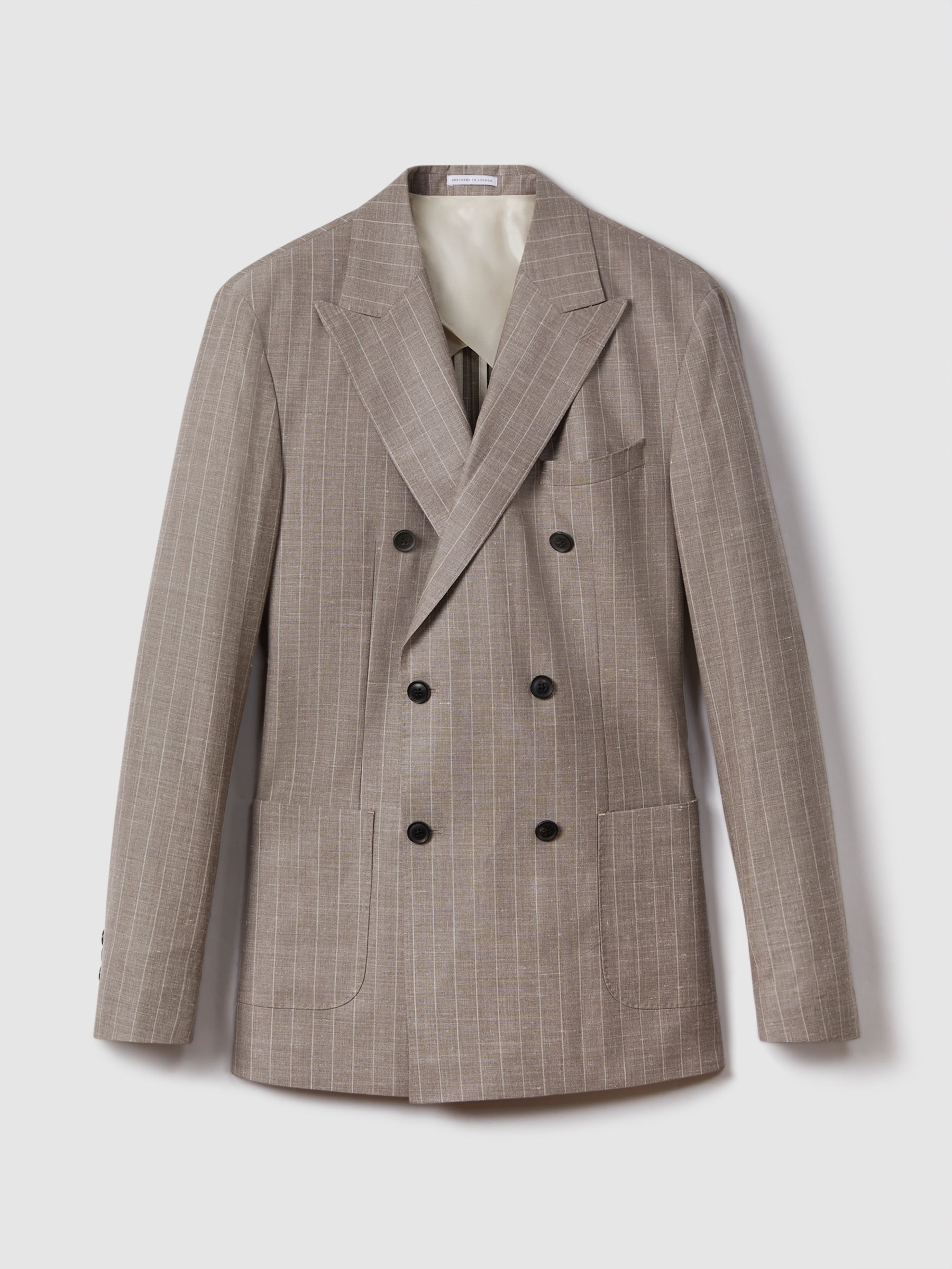 Slim Fit Wool-Silk-Linen Double Breasted Blazer in Mocha
