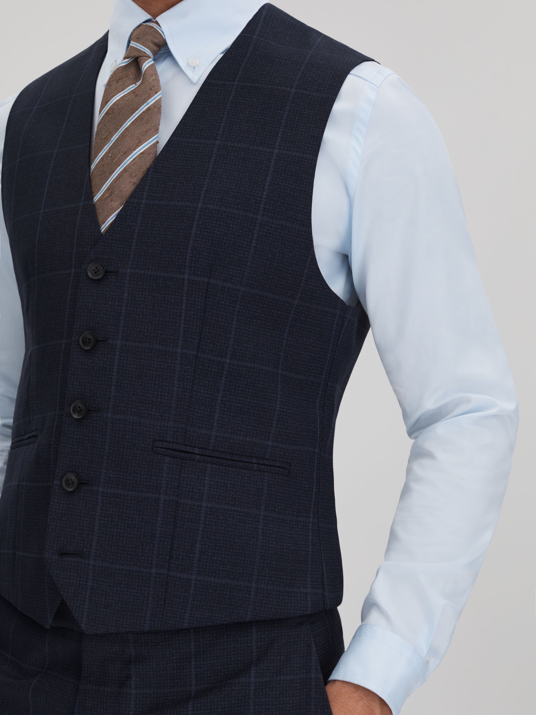 Klink Navy Wool Check Single Breasted Slim Fit Waistcoat