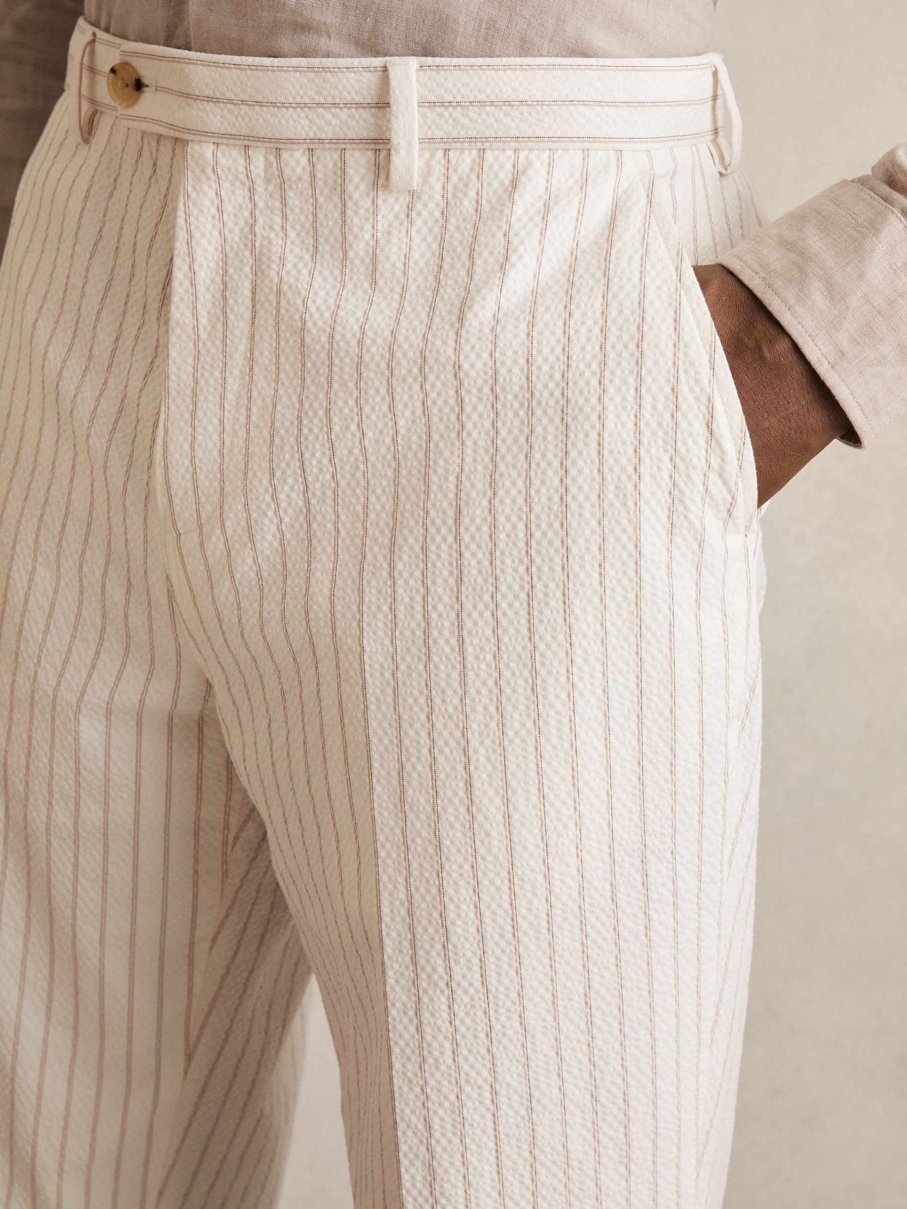 Regular-Fit Cotton-Blend Pinstripe Trousers in Off White/Taupe Brown