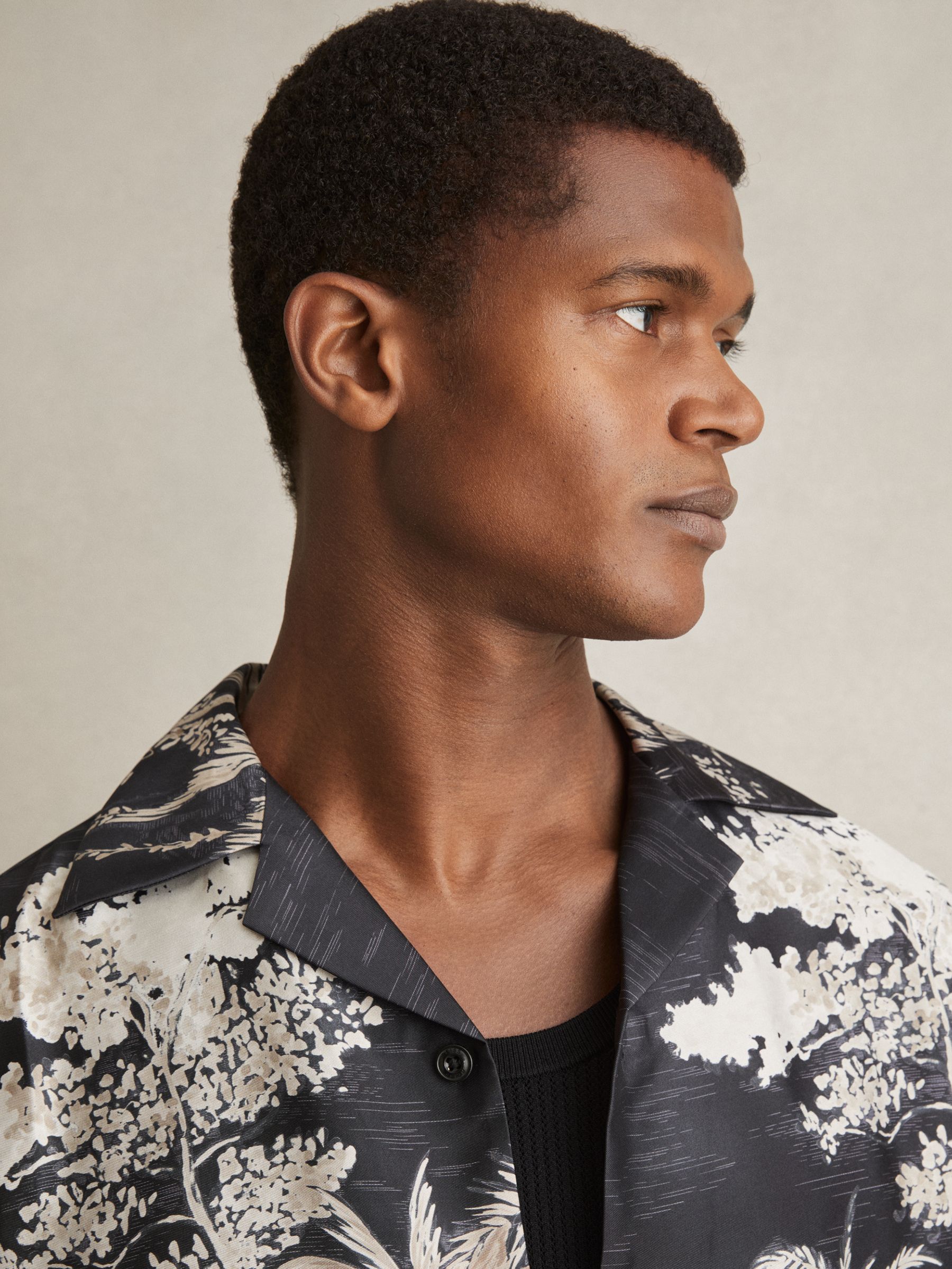Jungle Print Cuban-Collar Shirt in Black