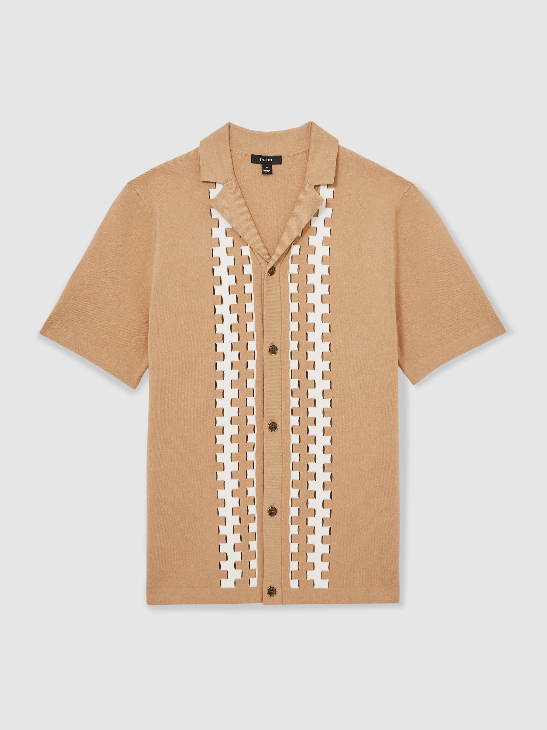 Geometric Cuban-Collar Knit Shirt in Camel/Off White