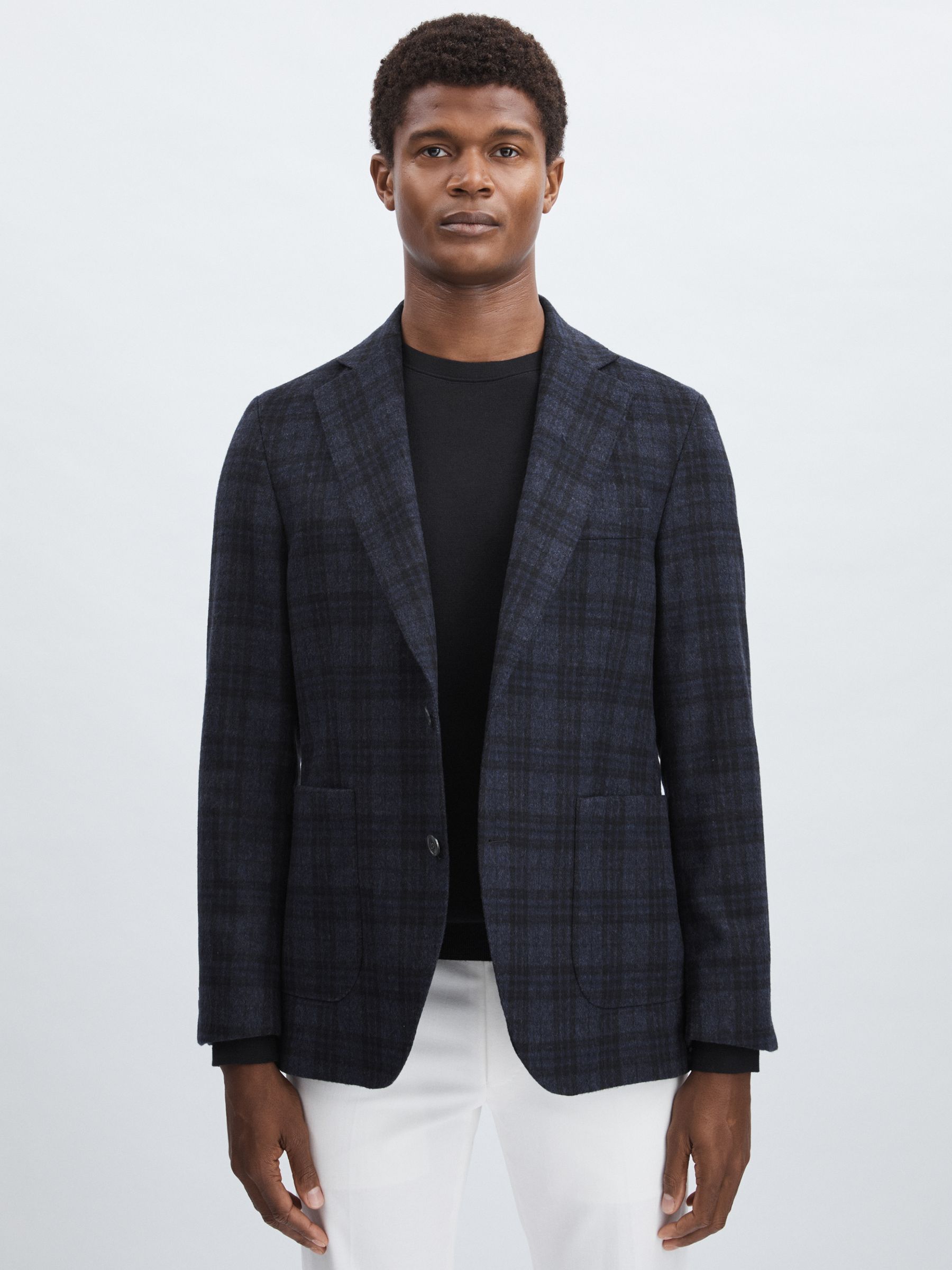 Oscar Jacobson Single Breasted Tweed Check Blazer in Navy