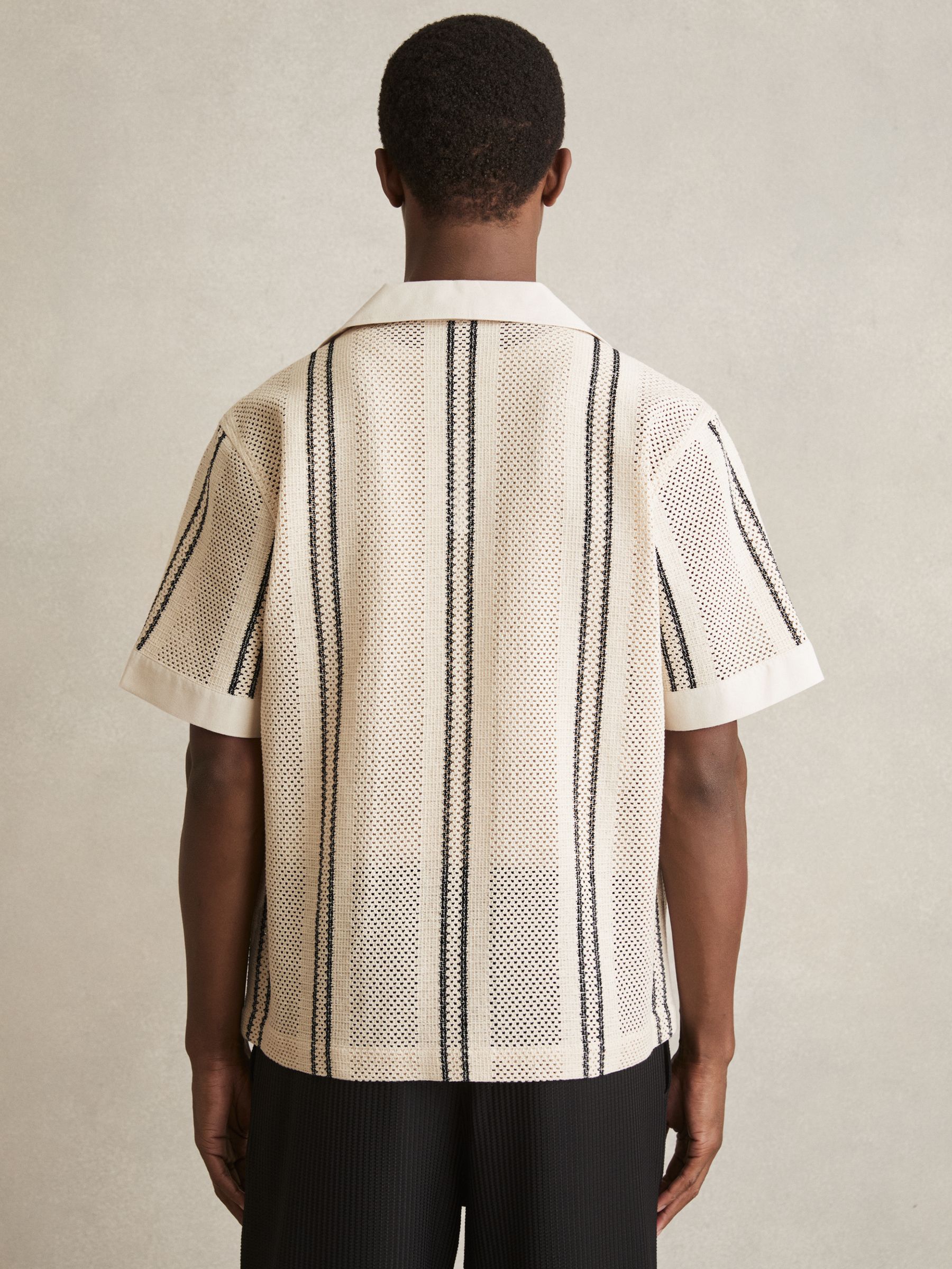Crochet Stripe Cuban-Collar Shirt in Off White/Navy