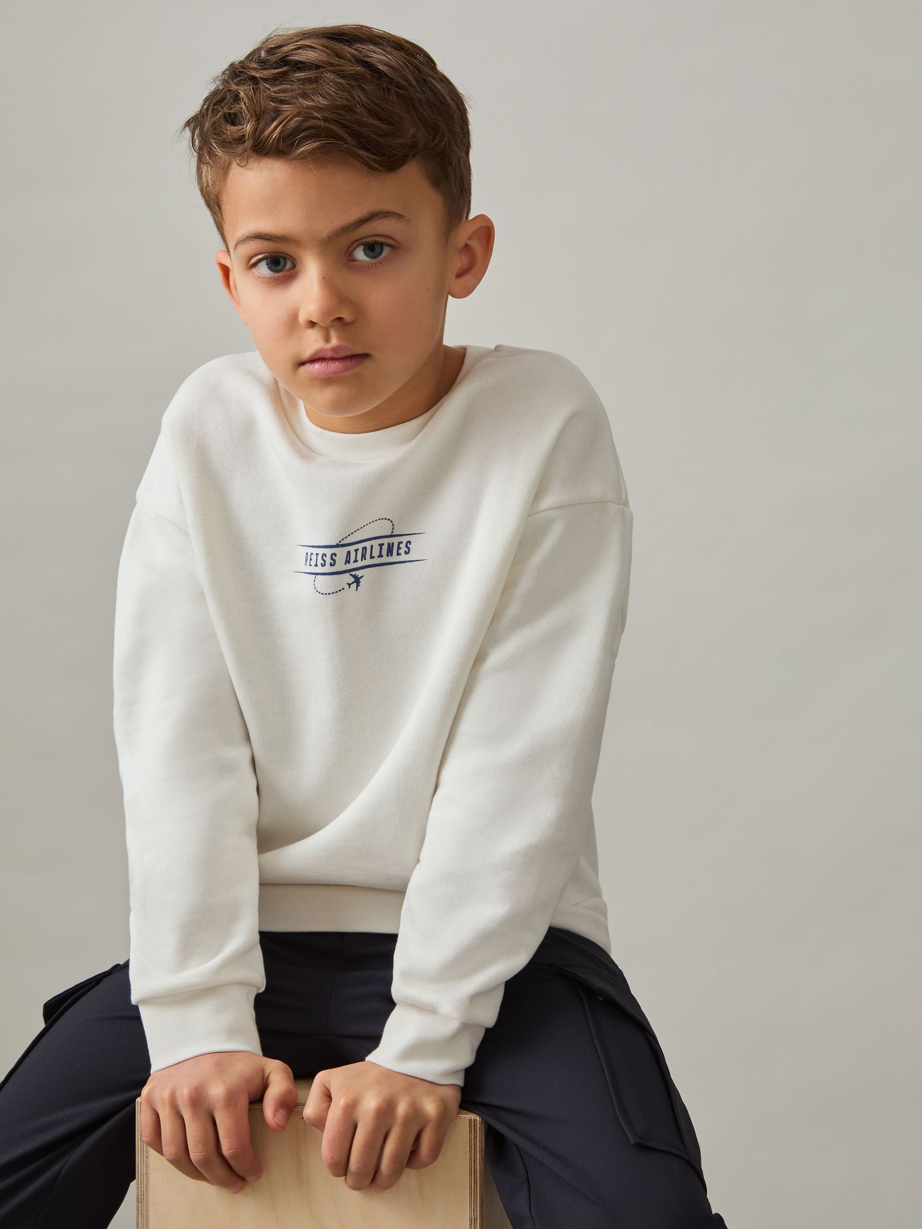 9-13 yrs Cotton-Blend Airlines-Print Sweatshirt in White/Blue
