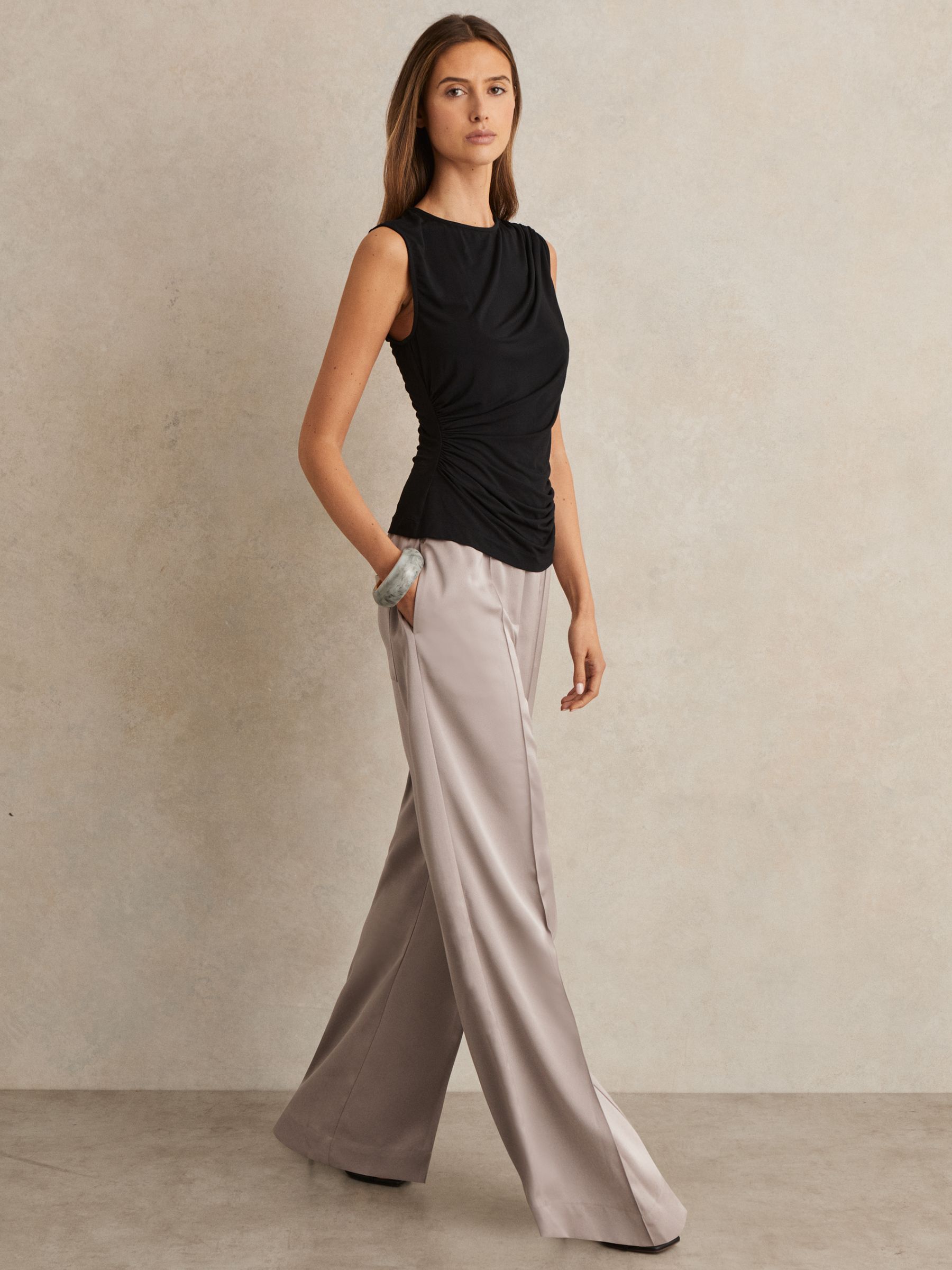 Petite Satin Wide Leg Elastic Waist Trousers in Grey