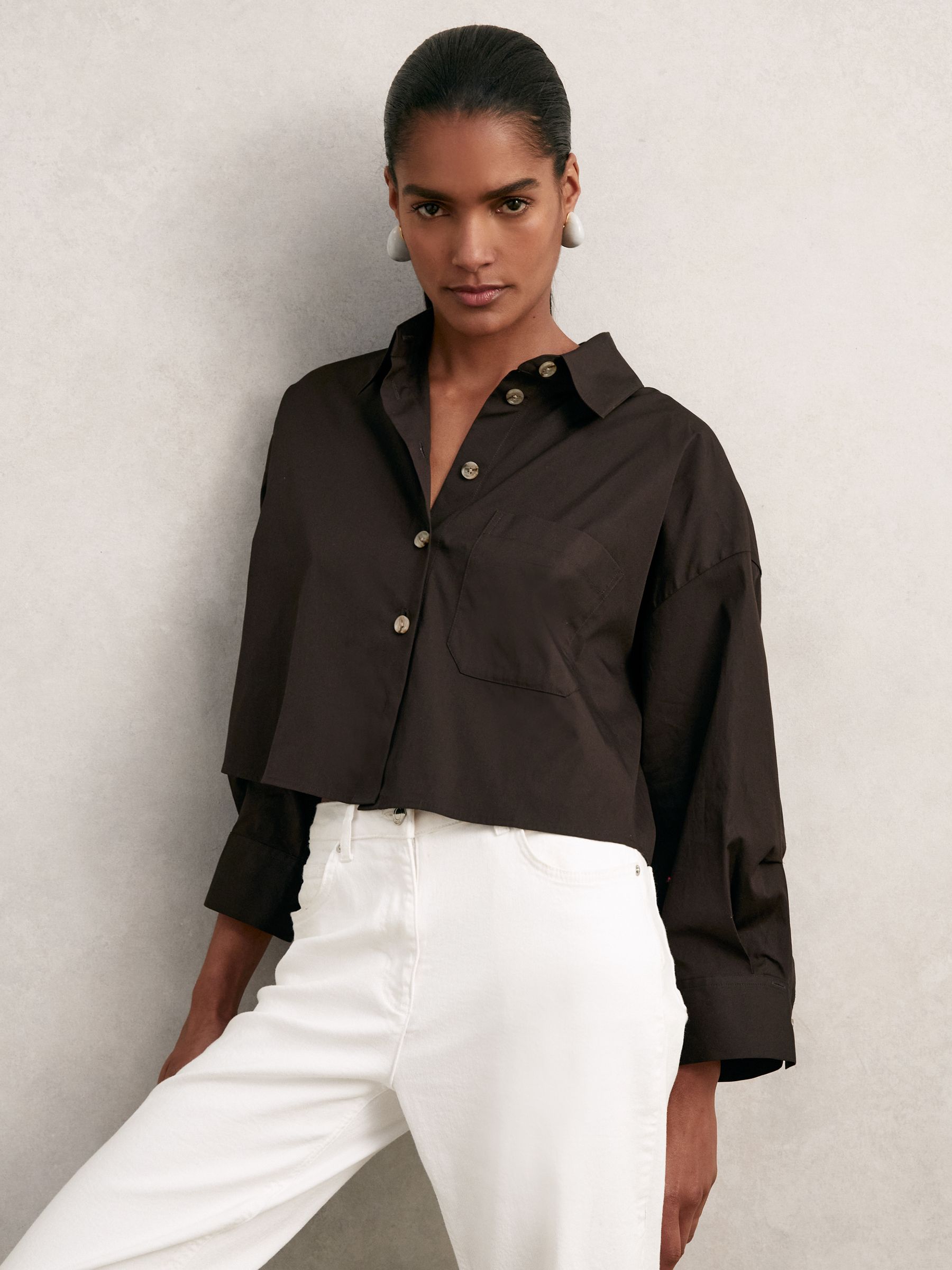 Oversize Cotton Cropped Shirt in Chocolate Brown