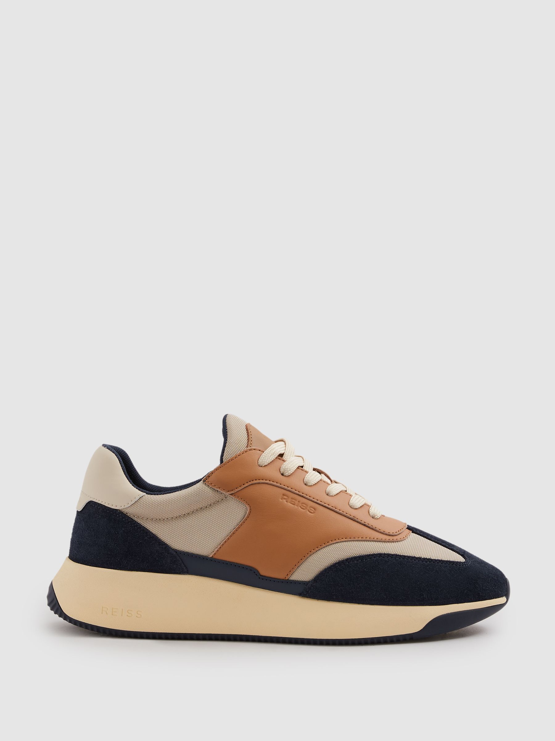 Leather Suede Running Trainers in Navy/Camel
